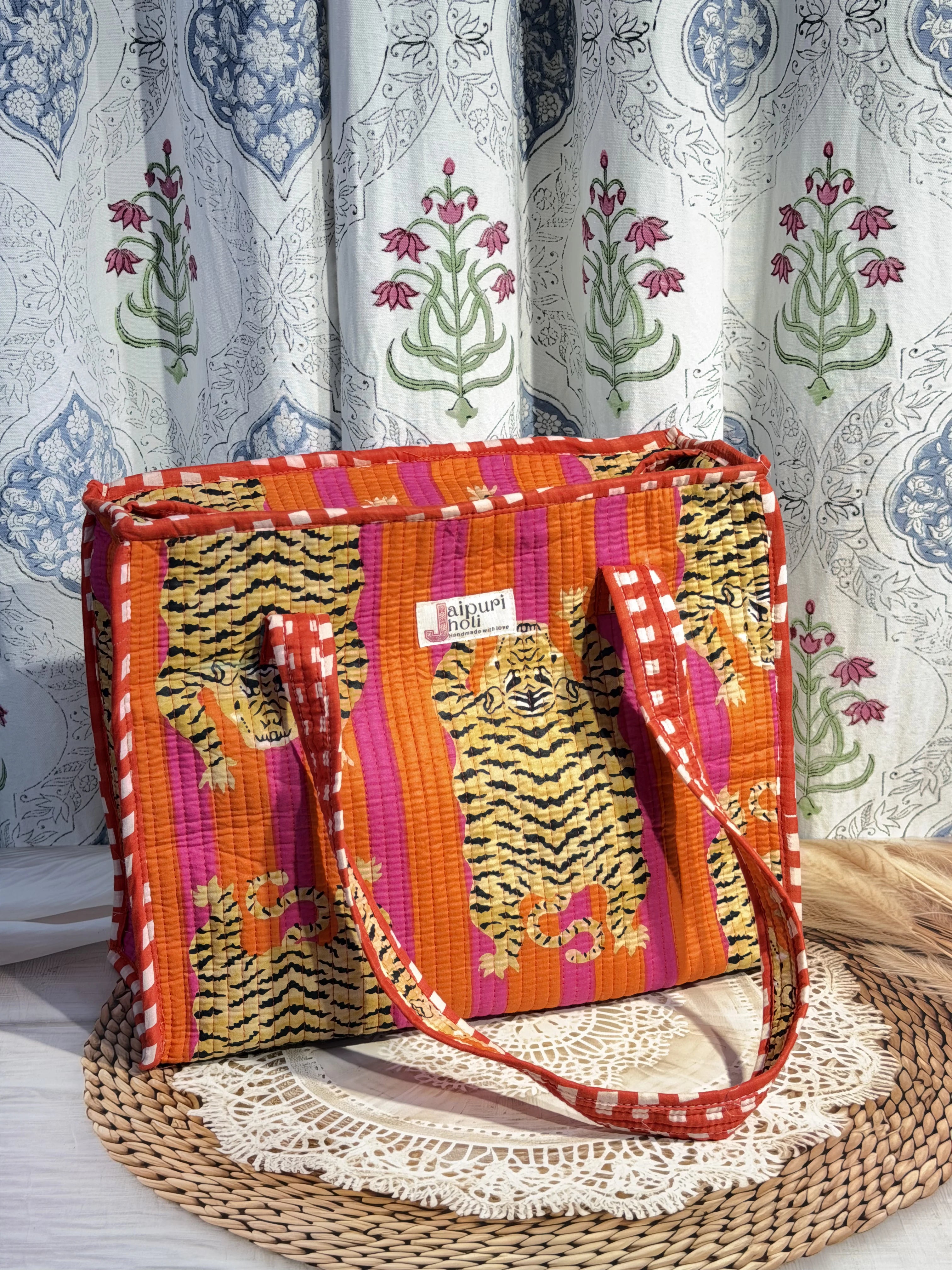 Jaipur Block Print Cotton Quilted zip Tote Bag -  Orange Pink Tiger Print Front View