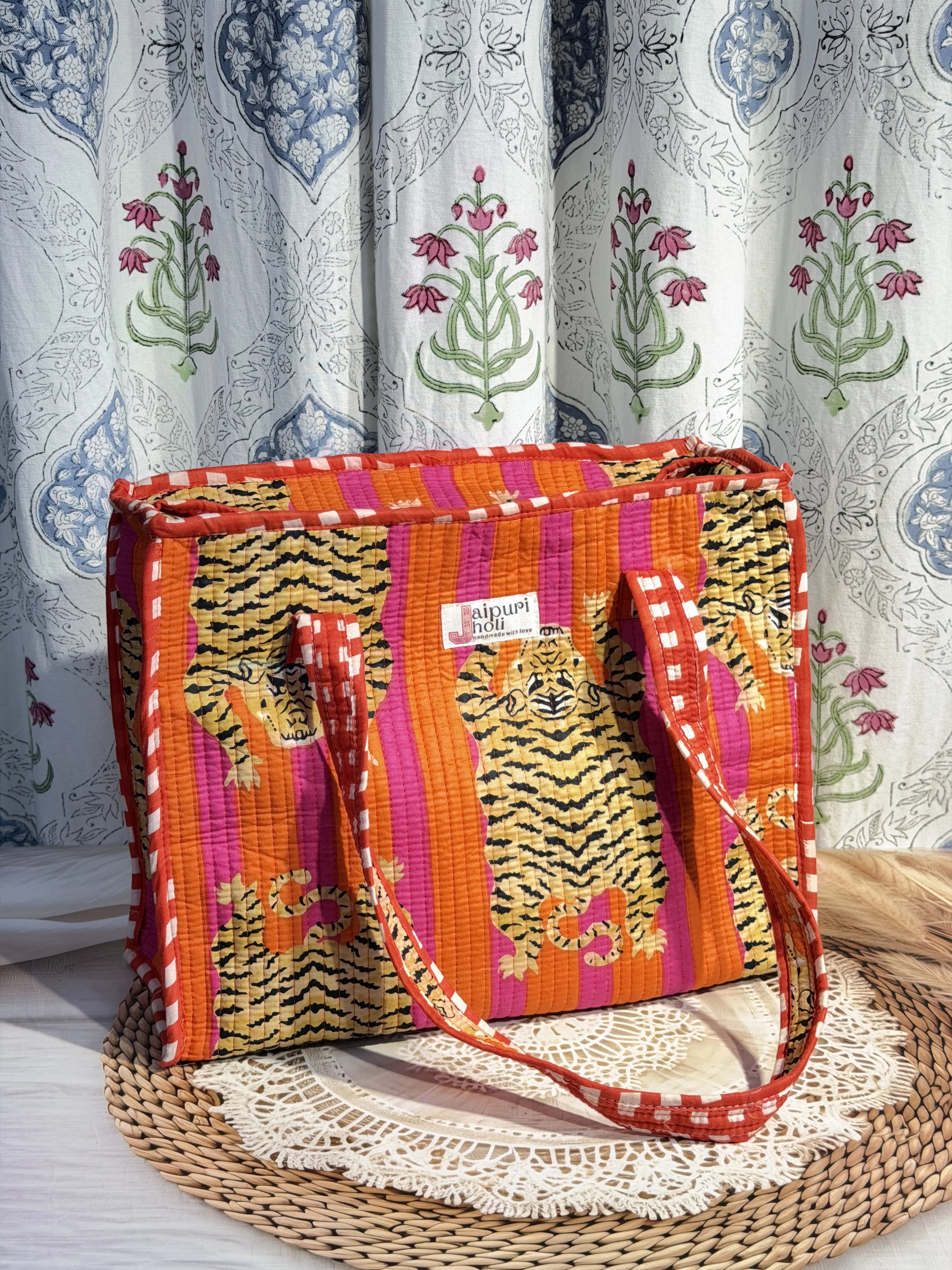Jaipur Block Print Cotton Quilted zip Tote Bag -  Orange Pink Tiger Print Front View