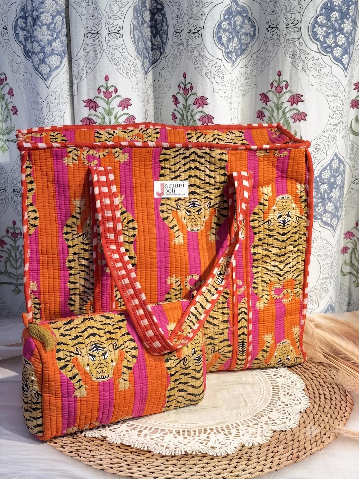 Jaipur Block Print Cotton Quilted Zip Tote Bag - Orange and Pink Tiger Animal Print front view
