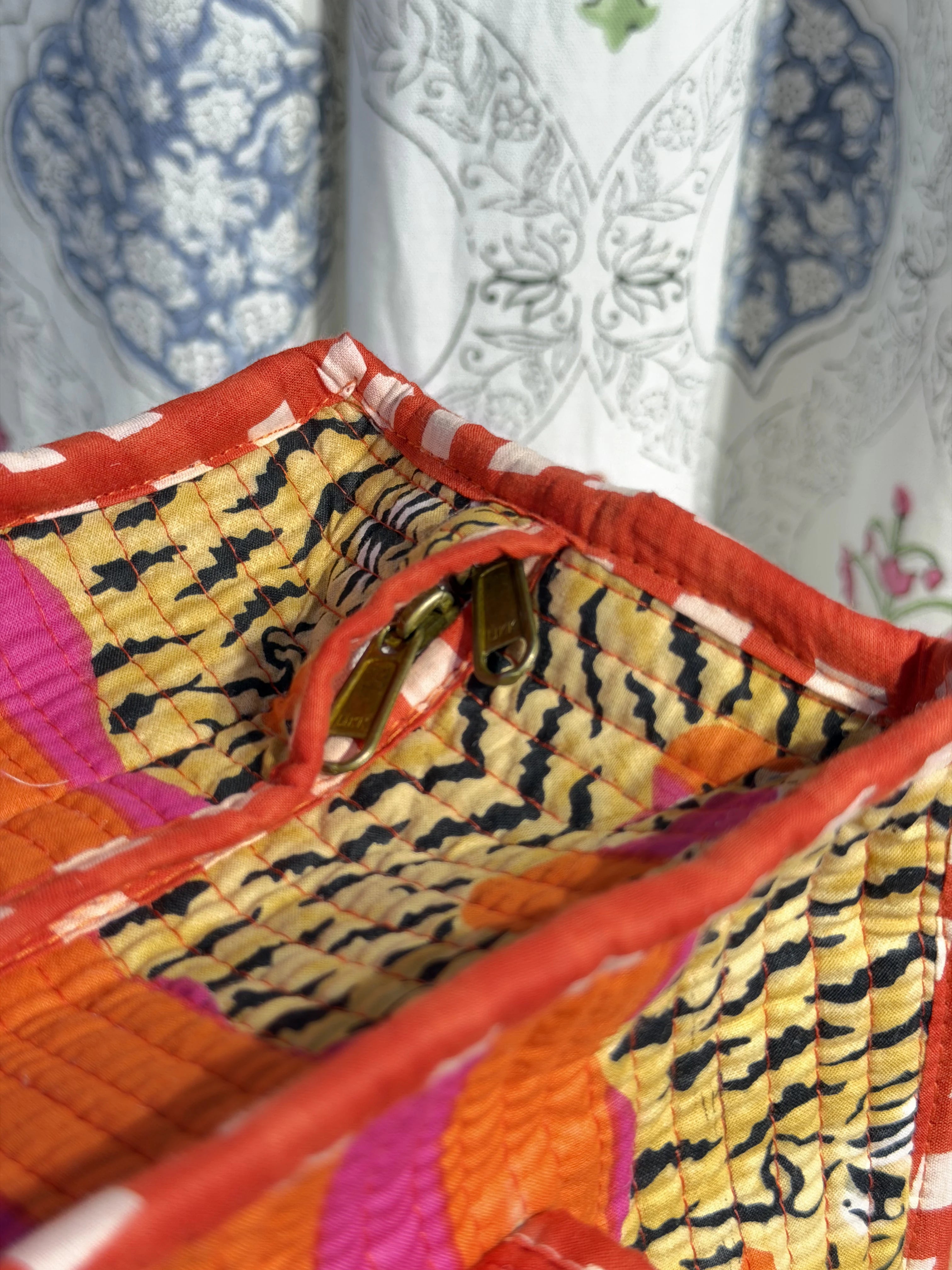 Jaipur Block Print Cotton Quilted zip Tote Bag -  Orange Pink Tiger Print Interior View