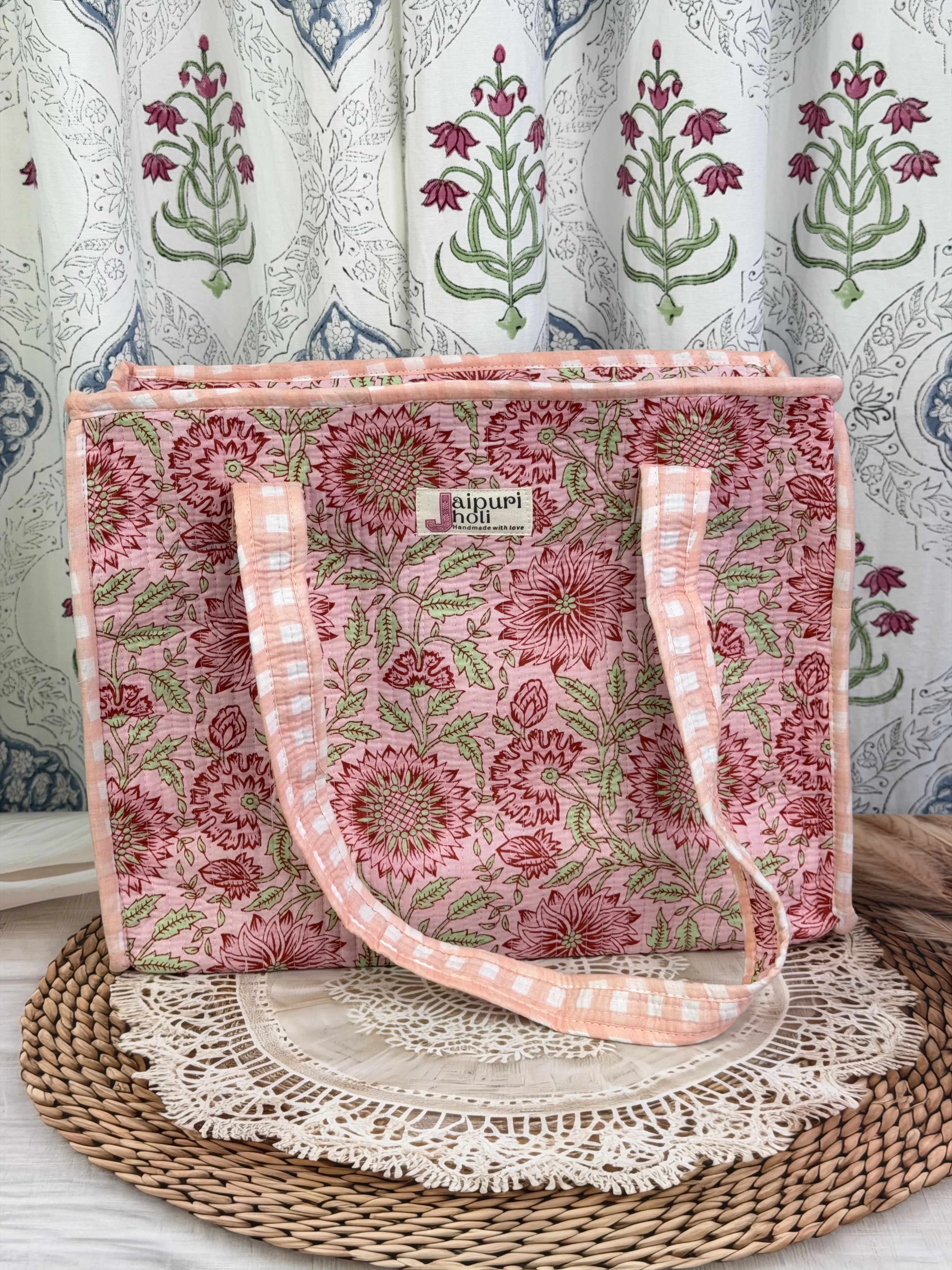 Jaipur Block Print Cotton Quilted zip Tote Bag -  Peach Pink Floral Print Front View