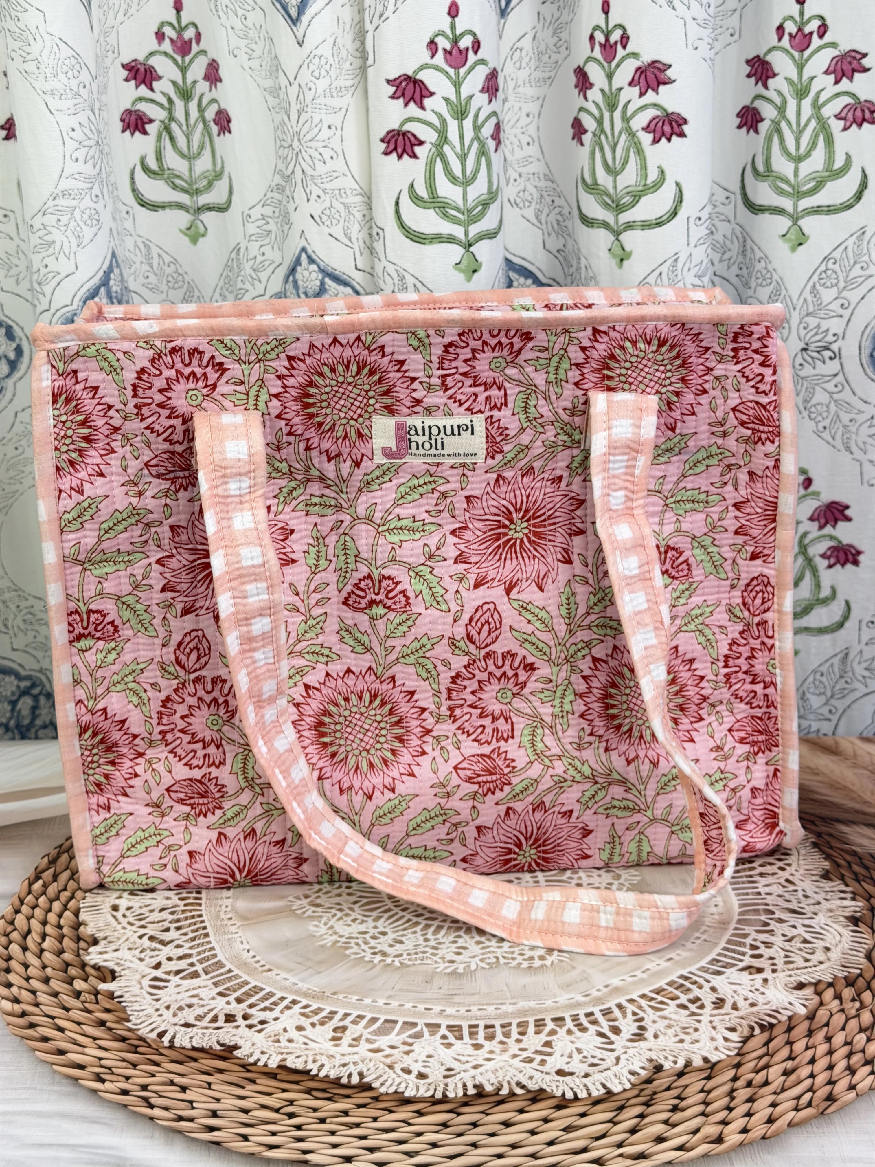 Jaipur Block Print Cotton Quilted zip Tote Bag -  Peach Pink Floral Print Close-Up View