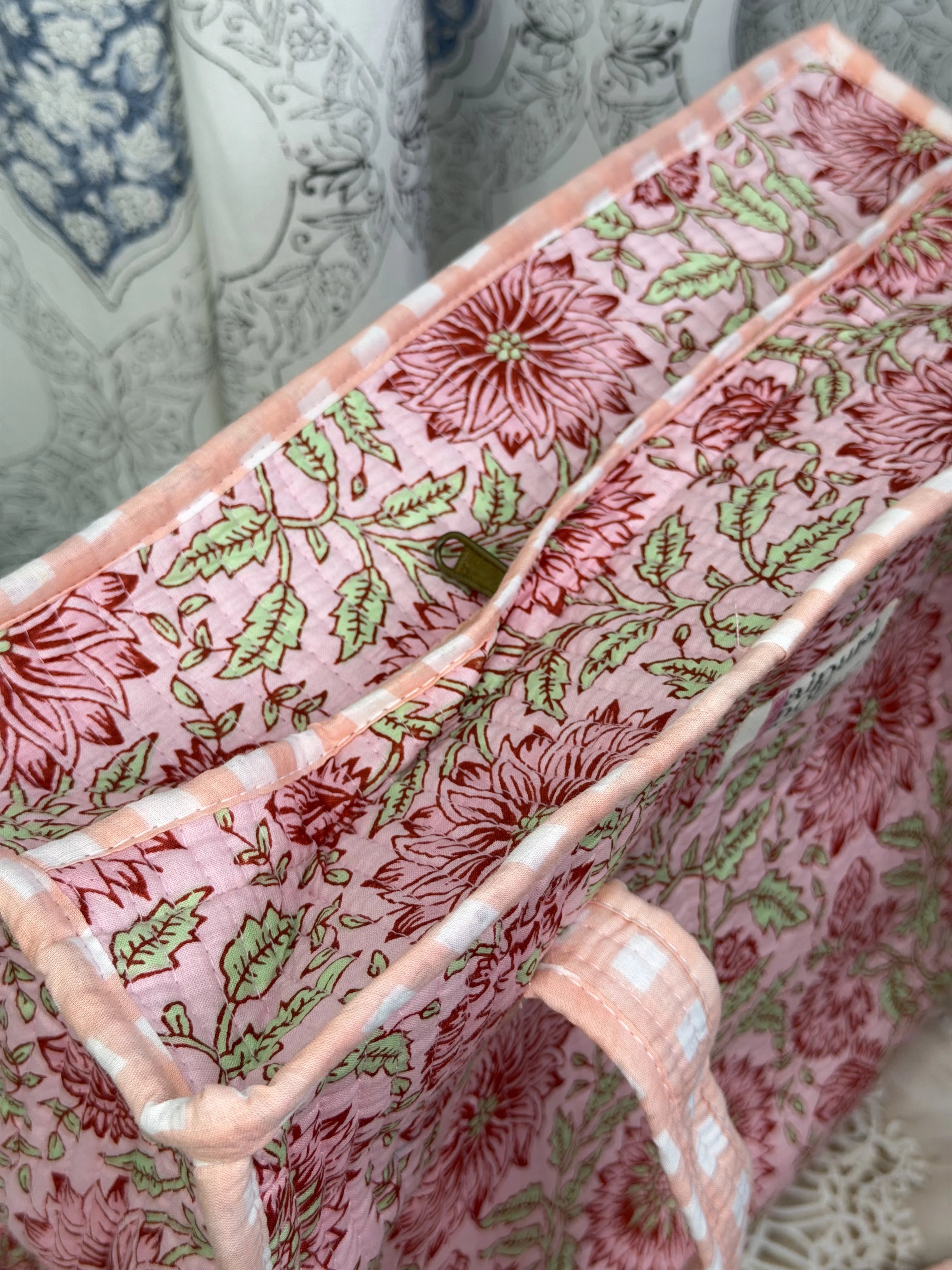 Jaipur Block Print Cotton Quilted zip Tote Bag -  Peach Pink Floral Print Back View