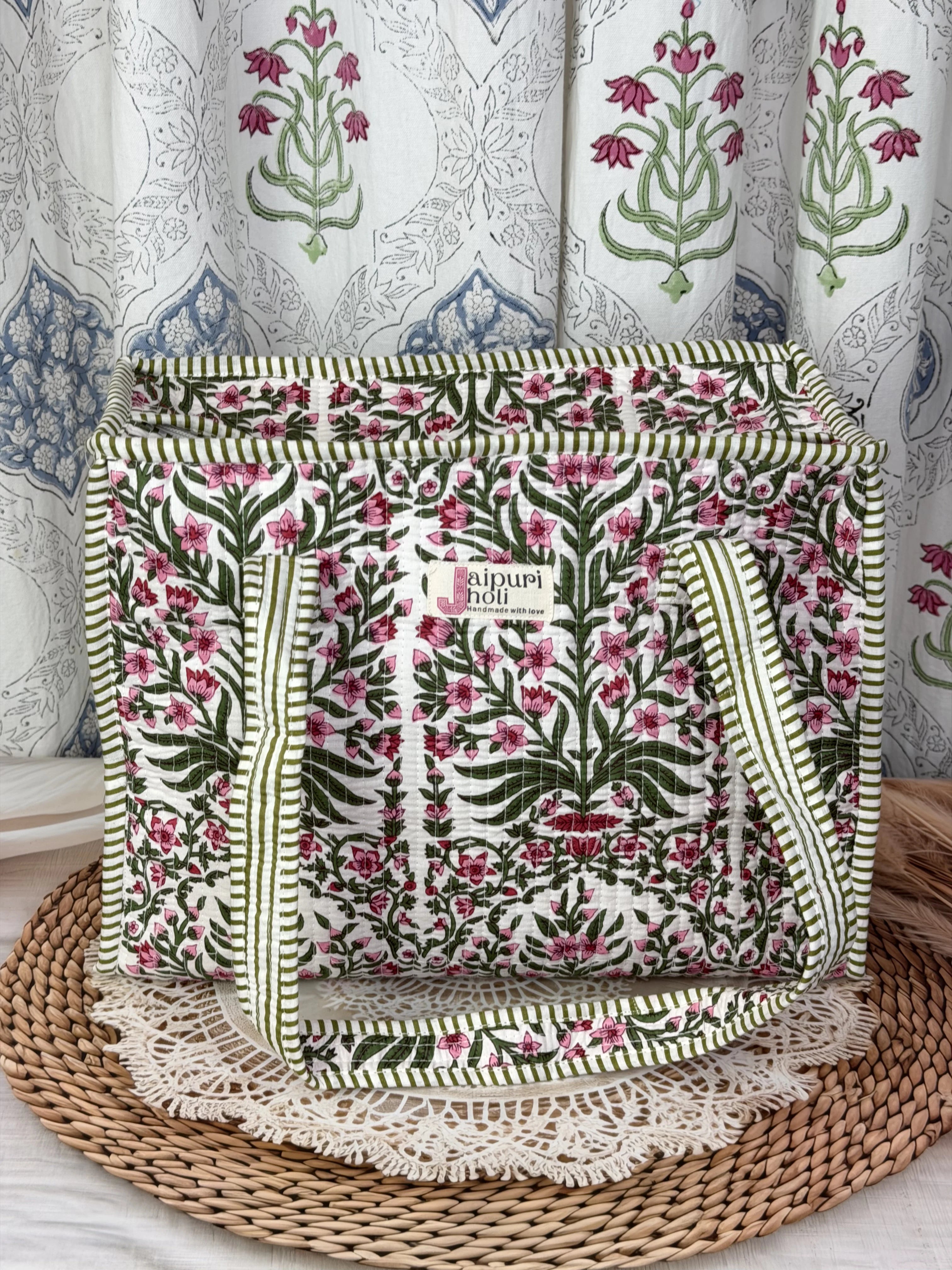 Jaipur Block Print Cotton Quilted zip Tote Bag -  Pink Floral and Green Leaves Print Front View