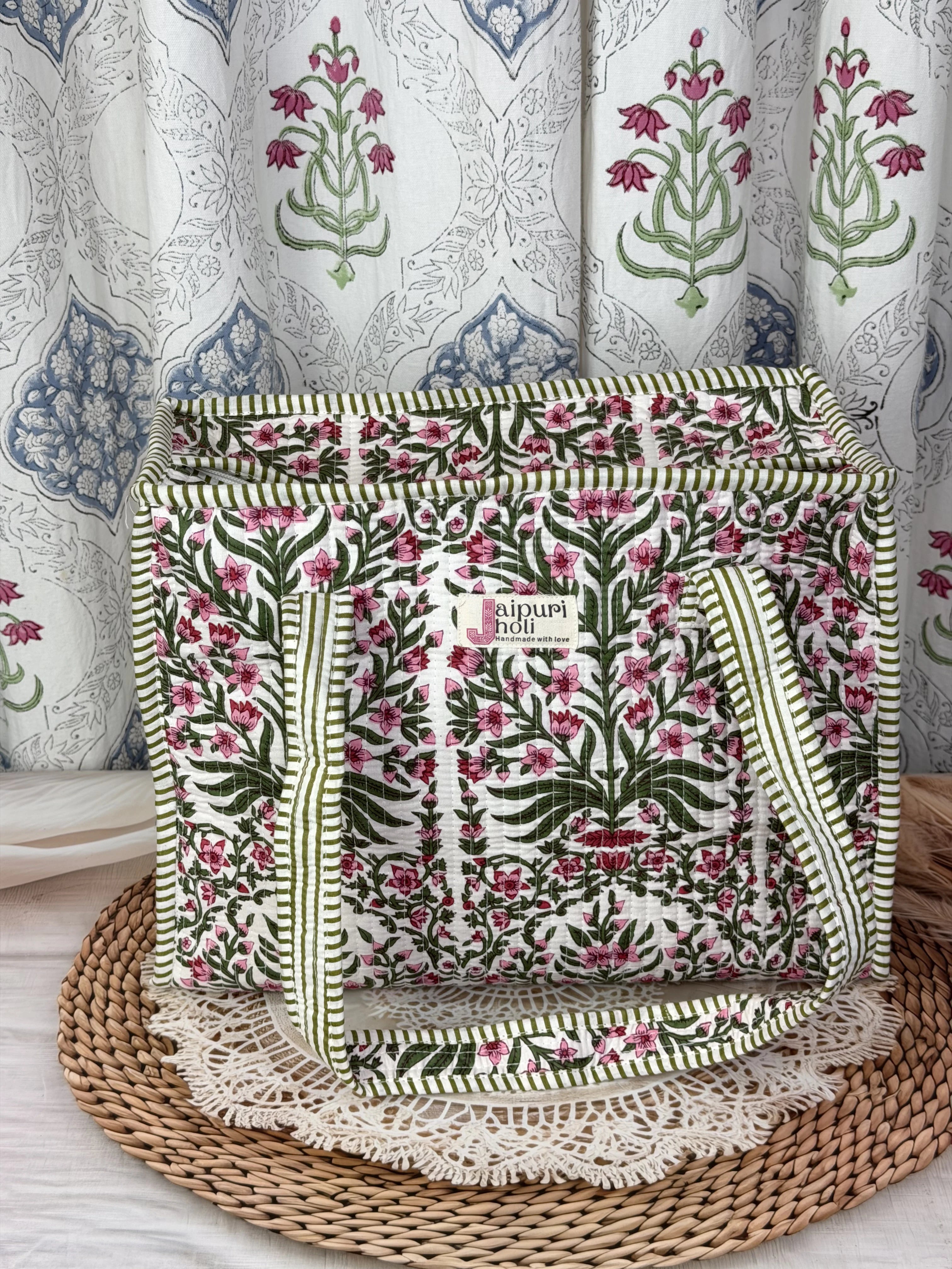 Jaipur Block Print Cotton Quilted zip Tote Bag -  Pink Floral and Green Leaves Print Side View