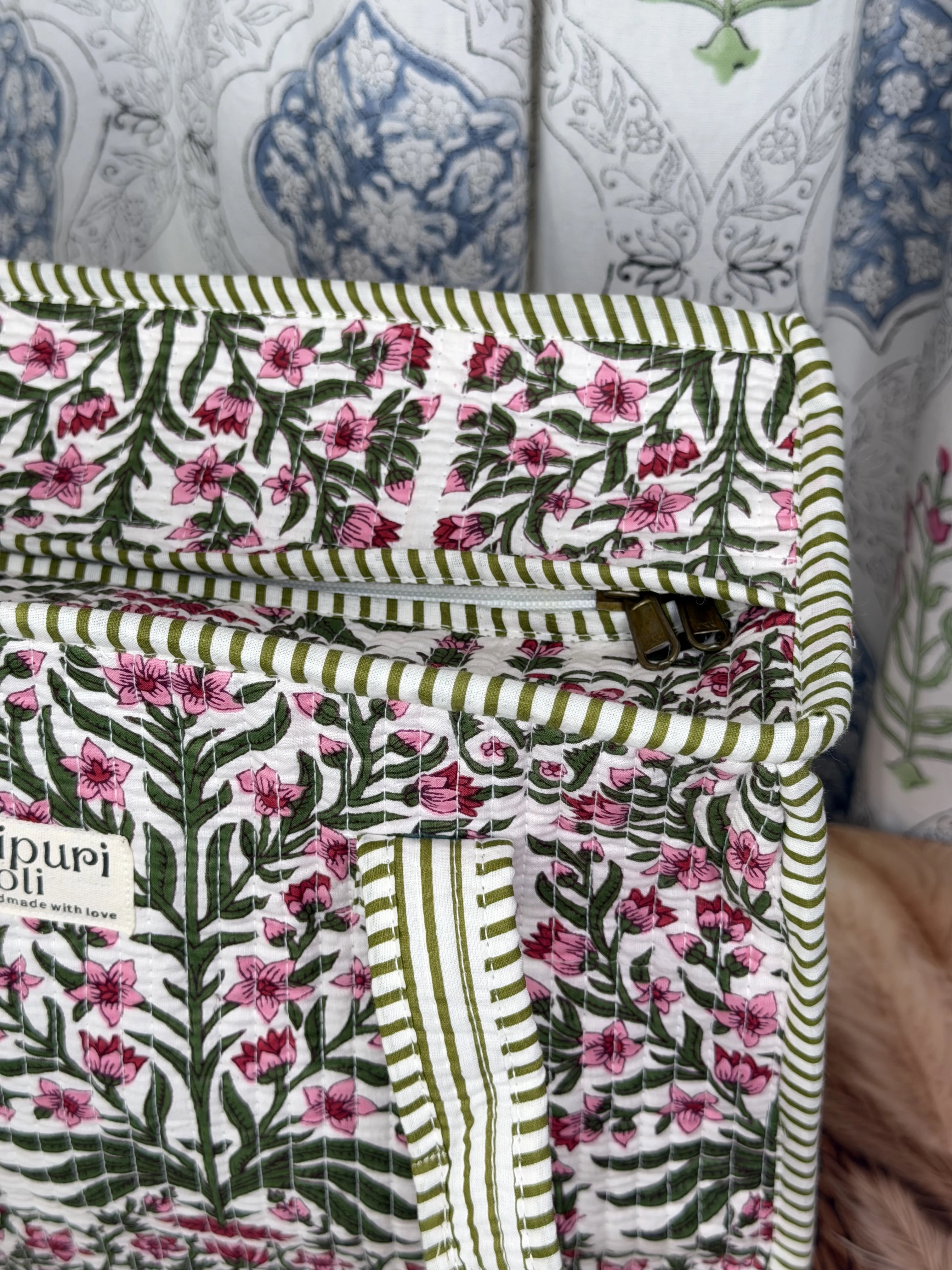 Jaipur Block Print Cotton Quilted zip Tote Bag -  Pink Floral and Green Leaves Print Close-Up View