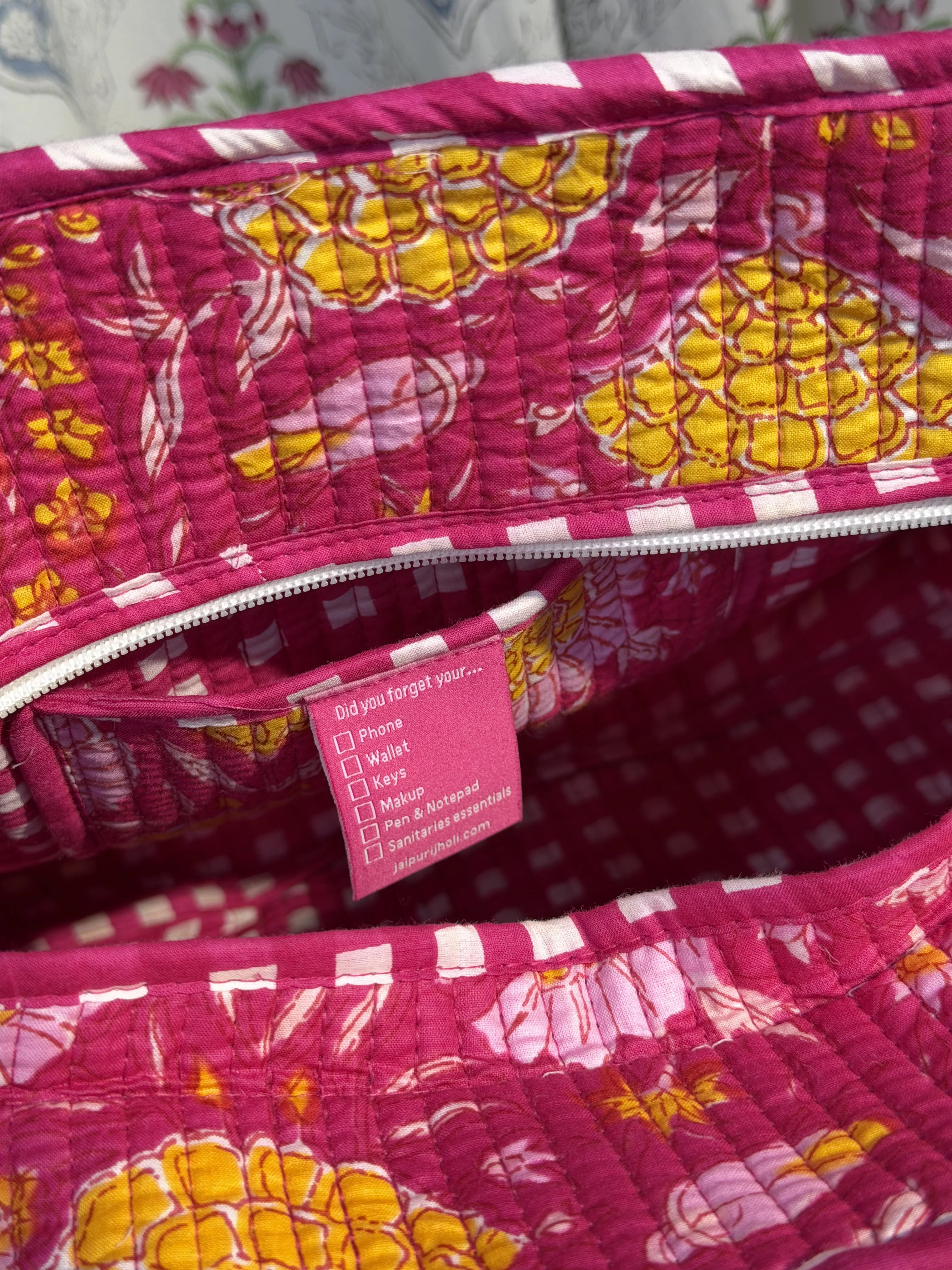 Jaipur Block Print Cotton Quilted zip Tote Bag -  Pink Floral Print Close-Up View