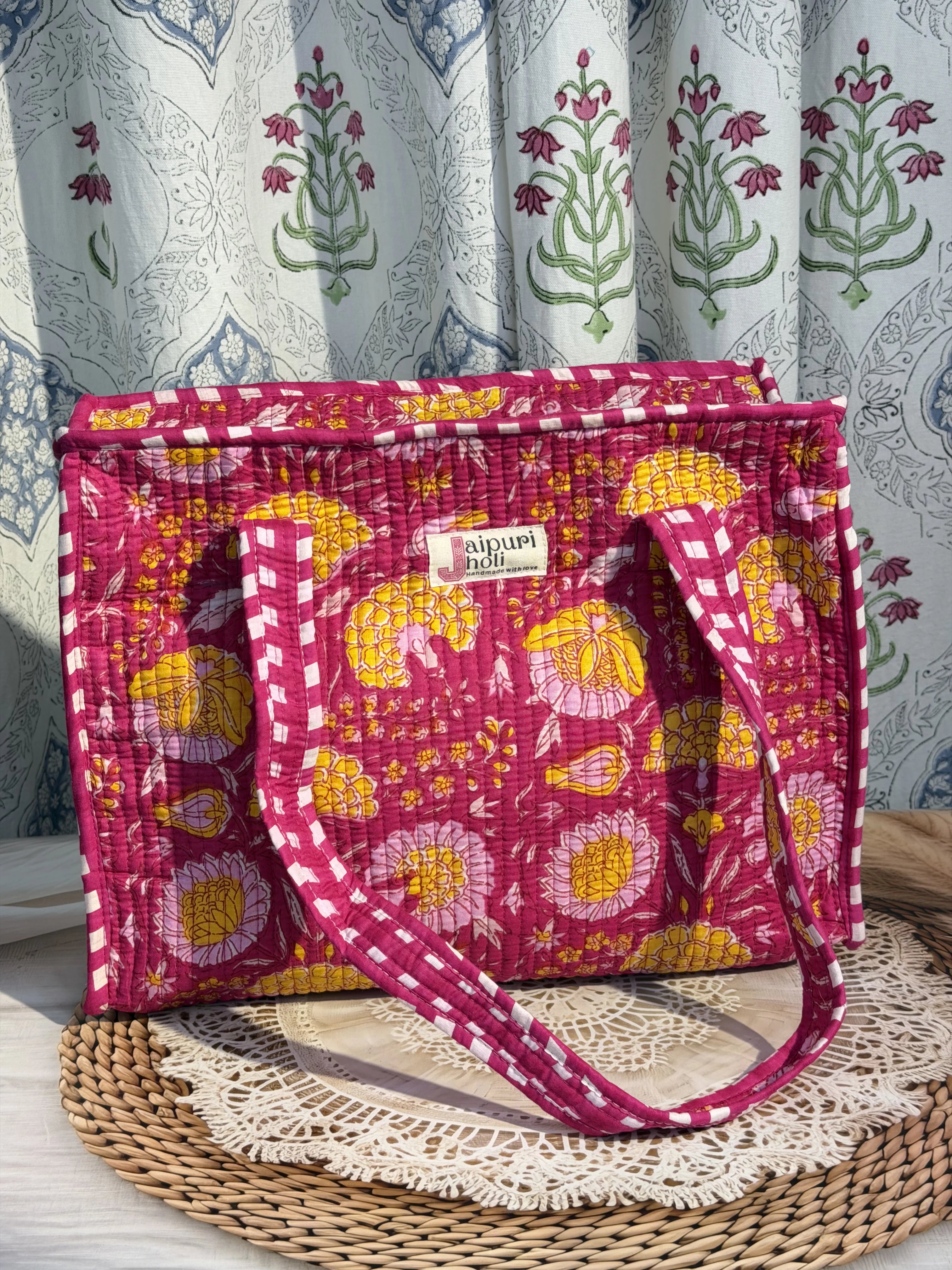 Jaipur Block Print Cotton Quilted zip Tote Bag -  Pink Floral Print Back View