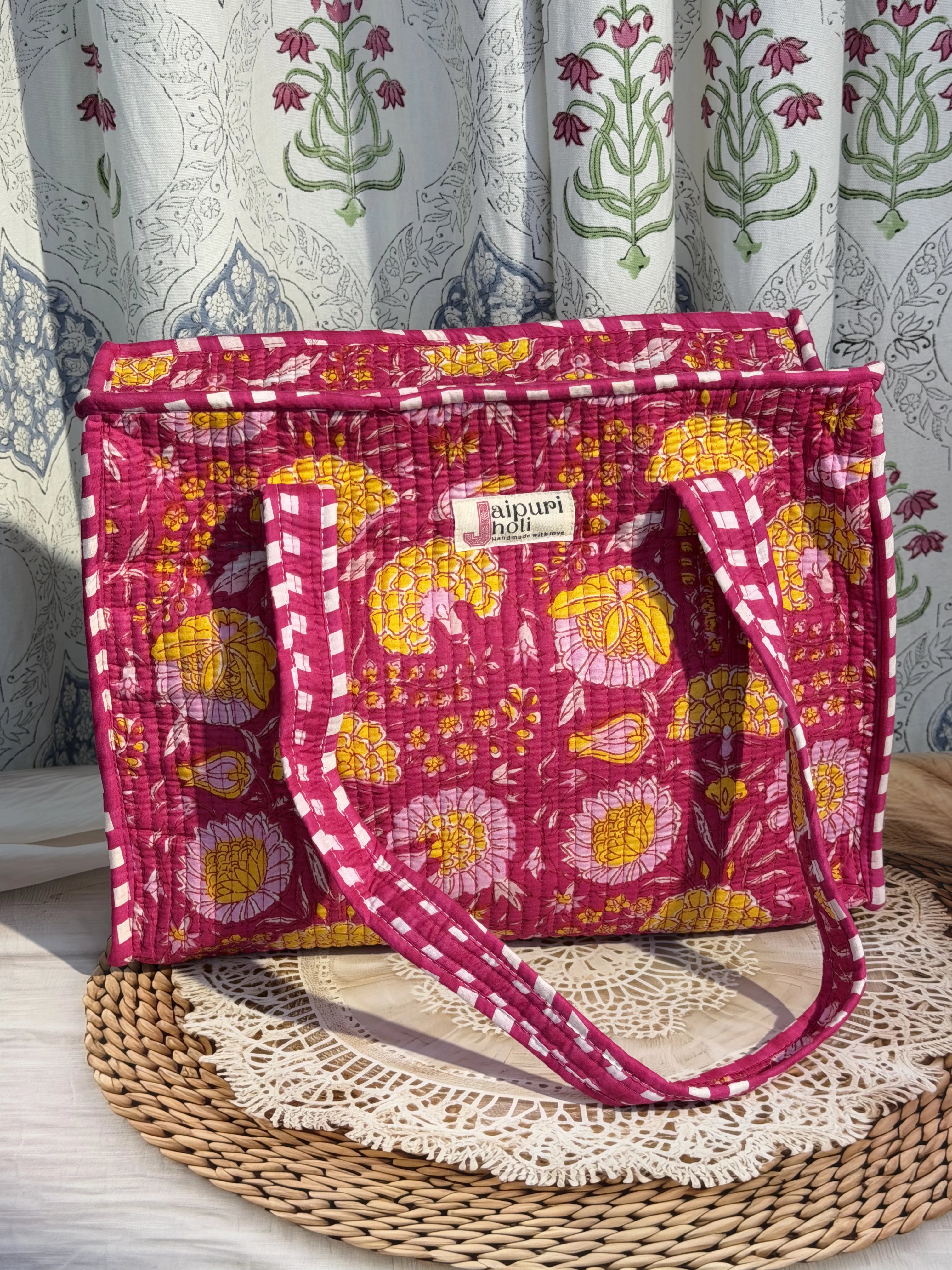 Jaipur Block Print Cotton Quilted zip Tote Bag -  Pink Floral Print Front View