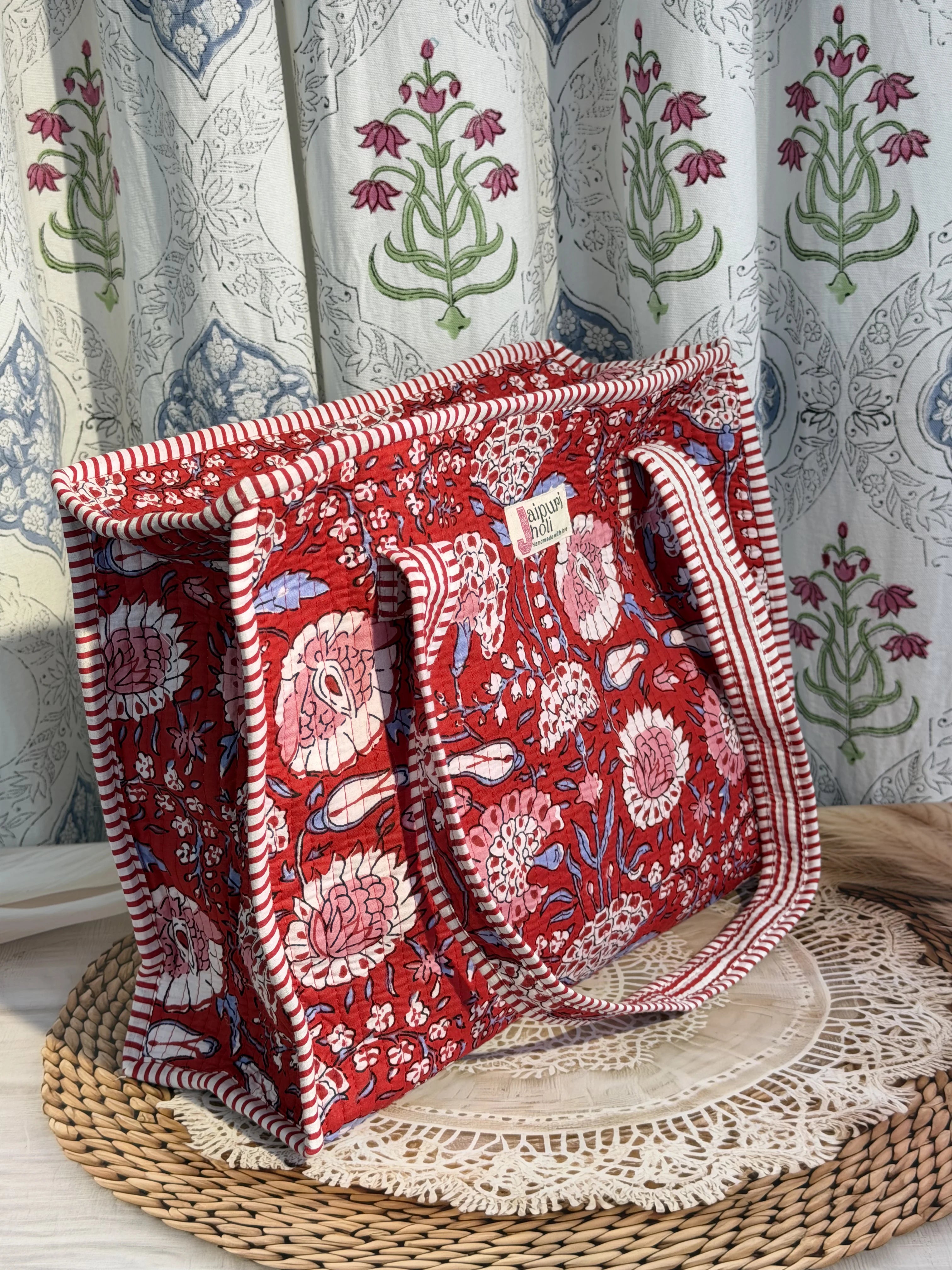 Jaipur Block Print Cotton Quilted zip Tote Bag -  Red Floral Print Front View