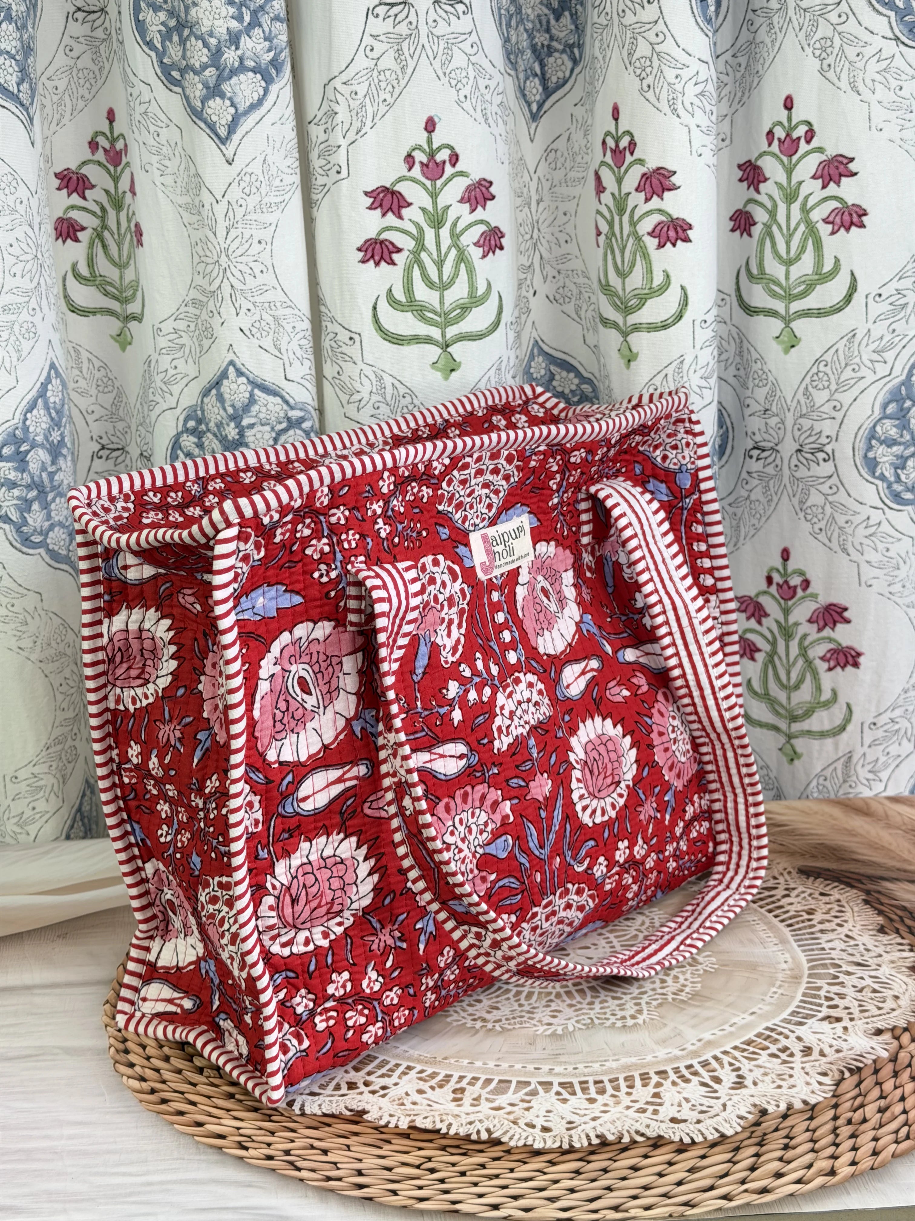 Jaipur Block Print Cotton Quilted zip Tote Bag -  Red Floral Print Side View