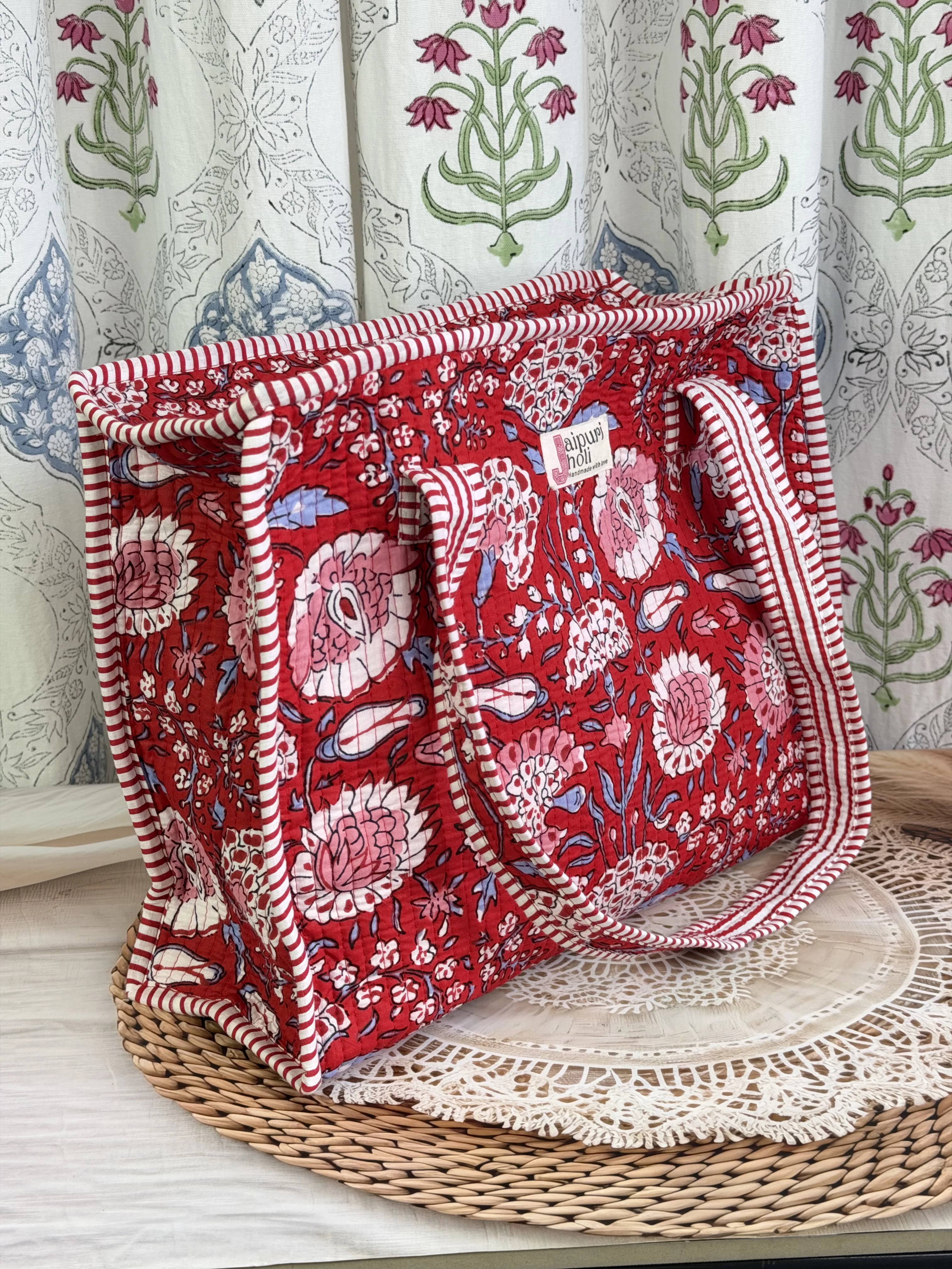 Jaipur Block Print Cotton Quilted zip Tote Bag -  Red Floral Print Side View