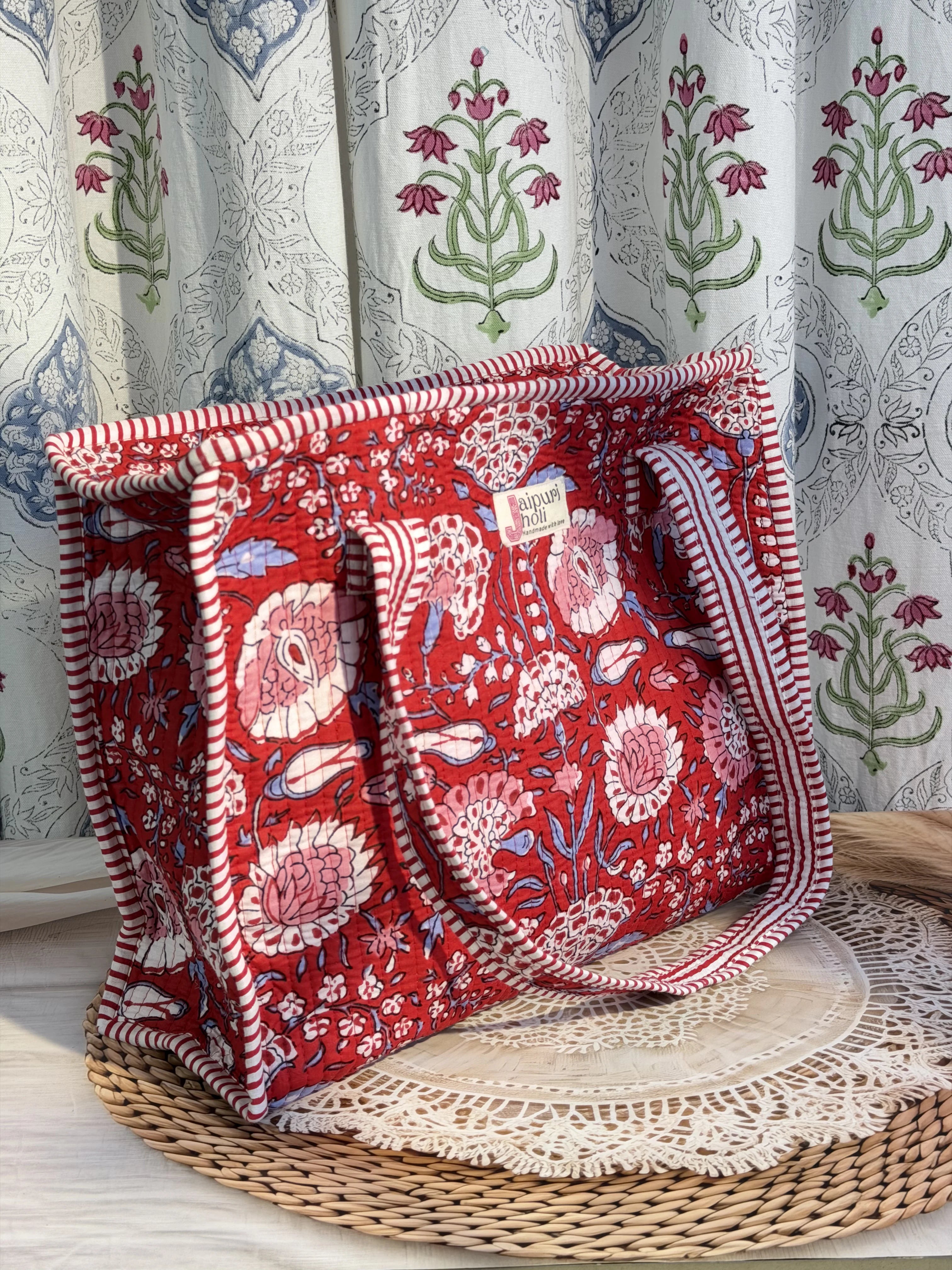Jaipur Block Print Cotton Quilted zip Tote Bag -  Red Floral Print Close-Up View