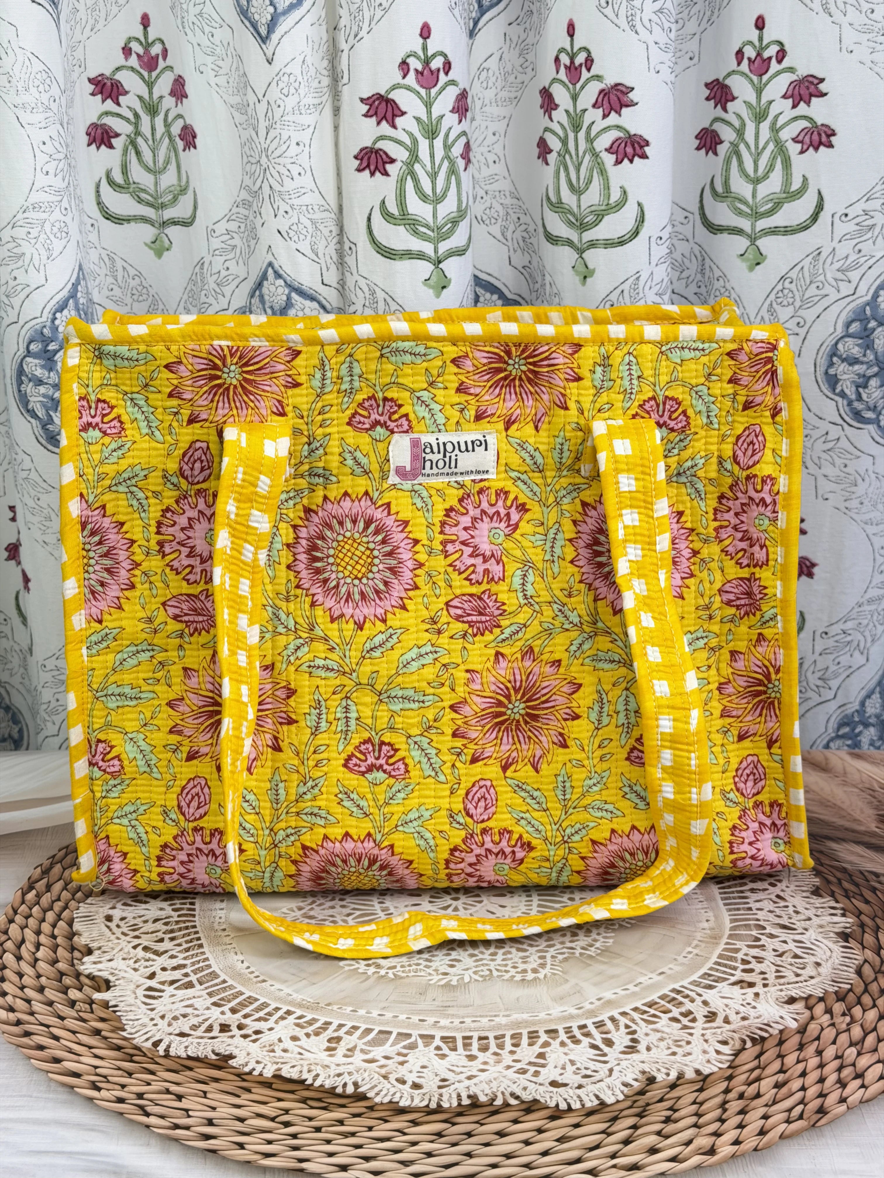 Jaipur Block Print Cotton Quilted zip Tote Bag -  Yellow Floral Print Front View