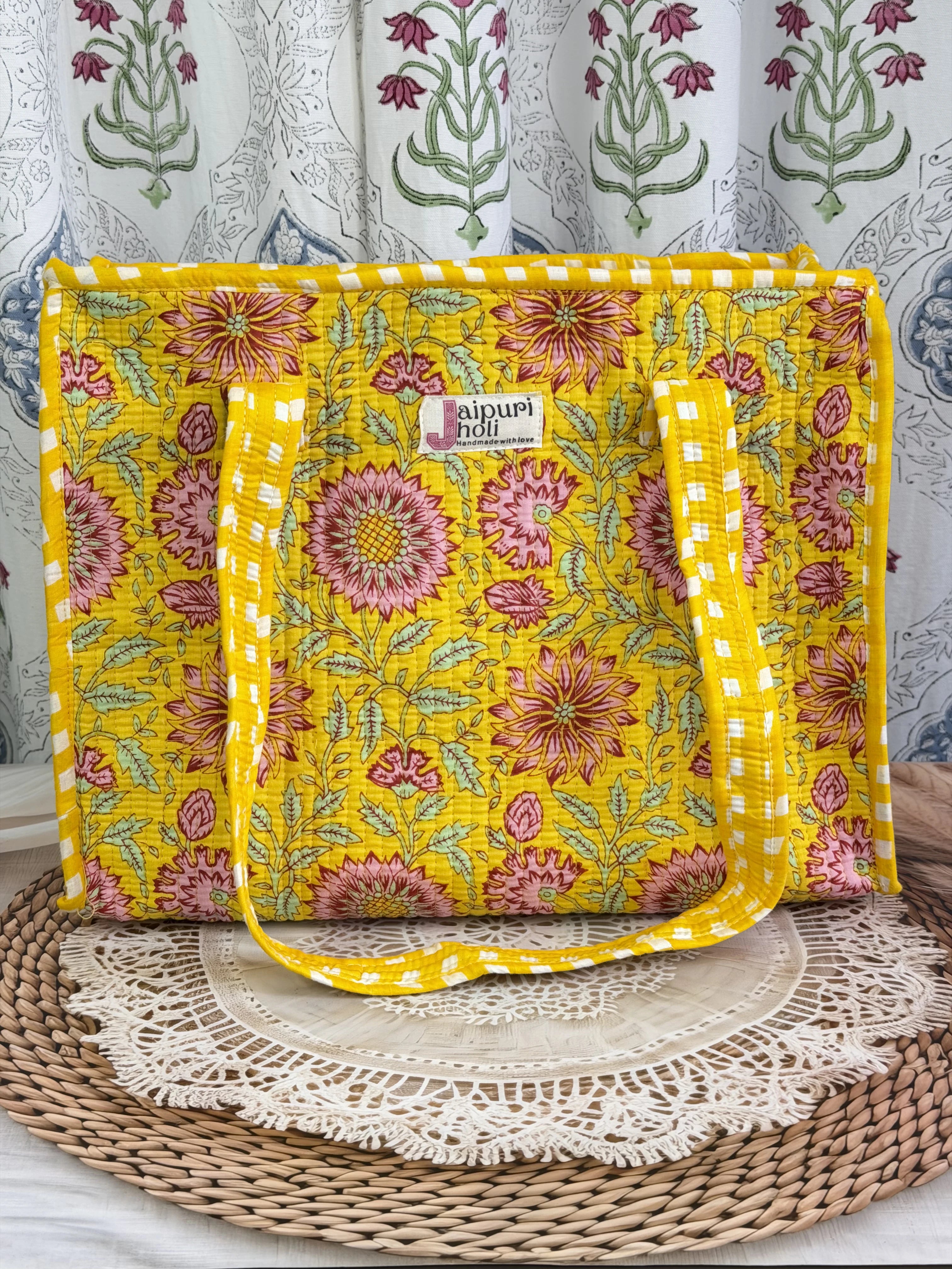 Jaipur Block Print Cotton Quilted zip Tote Bag -  Yellow Floral Print Side View