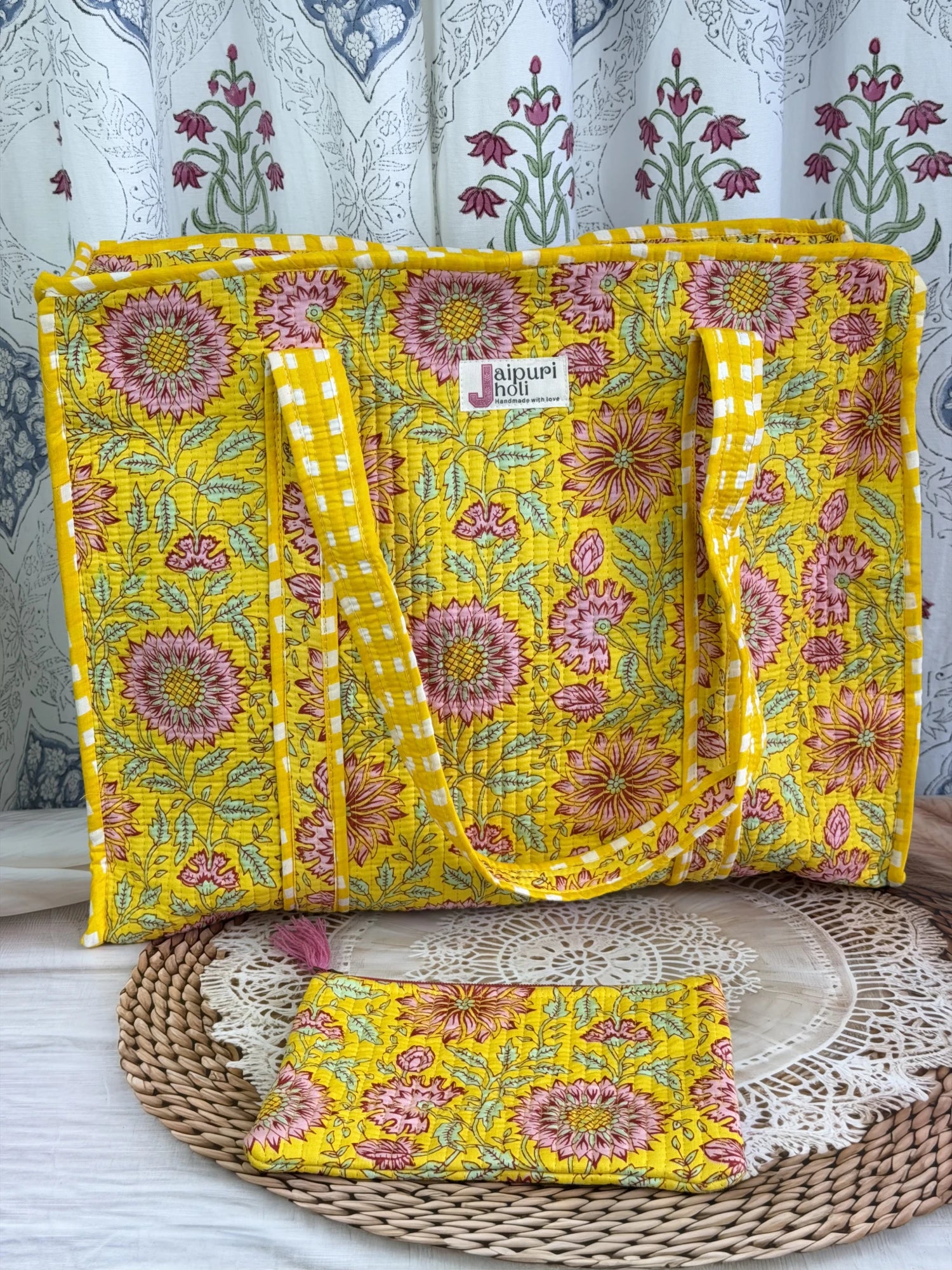 Jaipur block print cotton quilted large tote bag with matching flat pouch, red floral print, 18×18×6 inch tote with 9×7 inch flat pouch for cosmetics, stationery and small essentials front view