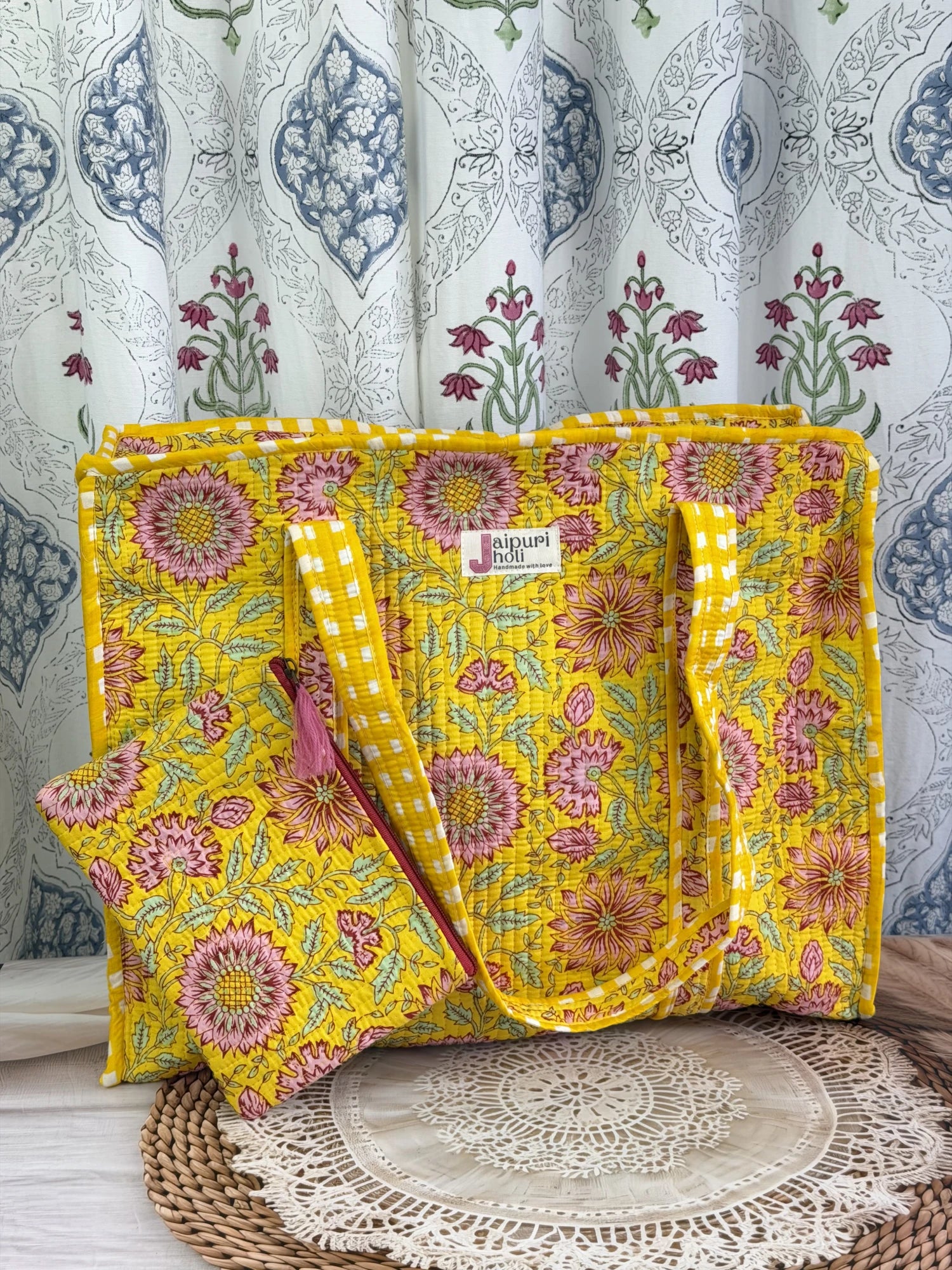 Jaipur block print cotton quilted large tote bag with matching flat pouch, red floral print, 18×18×6 inch tote with 9×7 inch flat pouch for cosmetics, stationery and small essentials back view