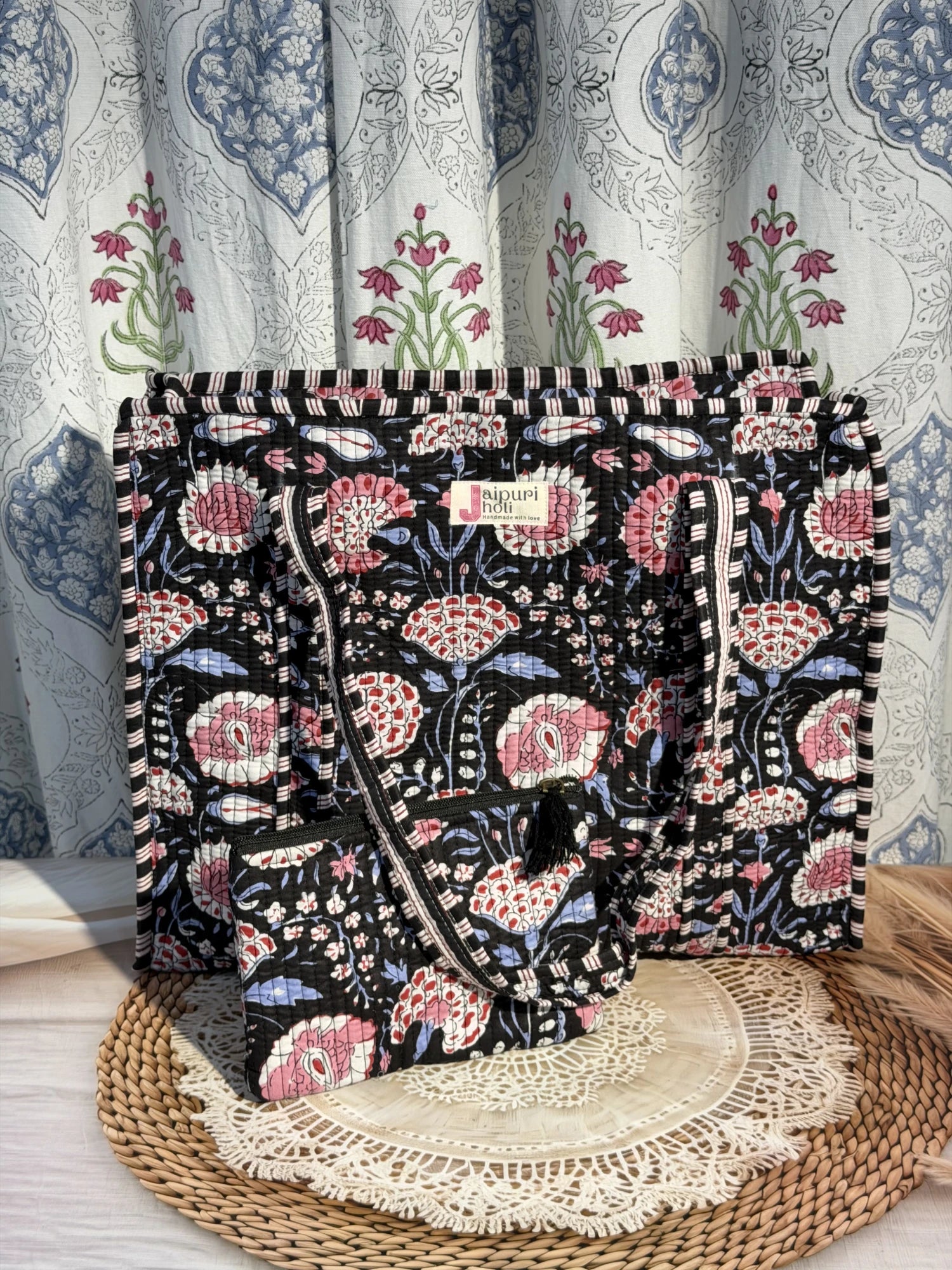 Jaipur block print cotton quilted large tote bag with matching flat pouch, black and pink floral print, 18×18×6 inch tote with 9×7 inch flat pouch for cosmetics, stationery and small essentials front view