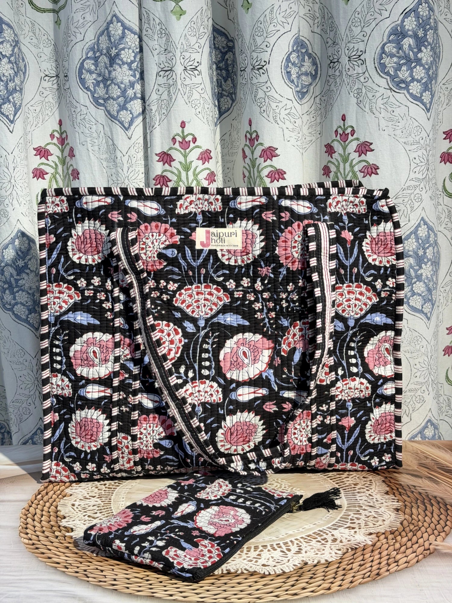Jaipur block print cotton quilted large tote bag with matching flat pouch, black and pink floral print, 18×18×6 inch tote with 9×7 inch flat pouch for cosmetics, stationery and small essentials side view