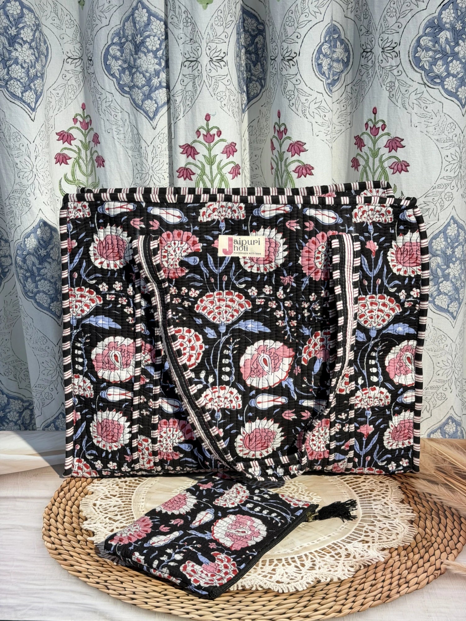 Jaipur block print cotton quilted large tote bag with matching flat pouch, black and pink floral print, 18×18×6 inch tote with 9×7 inch flat pouch for cosmetics, stationery and small essentials back view