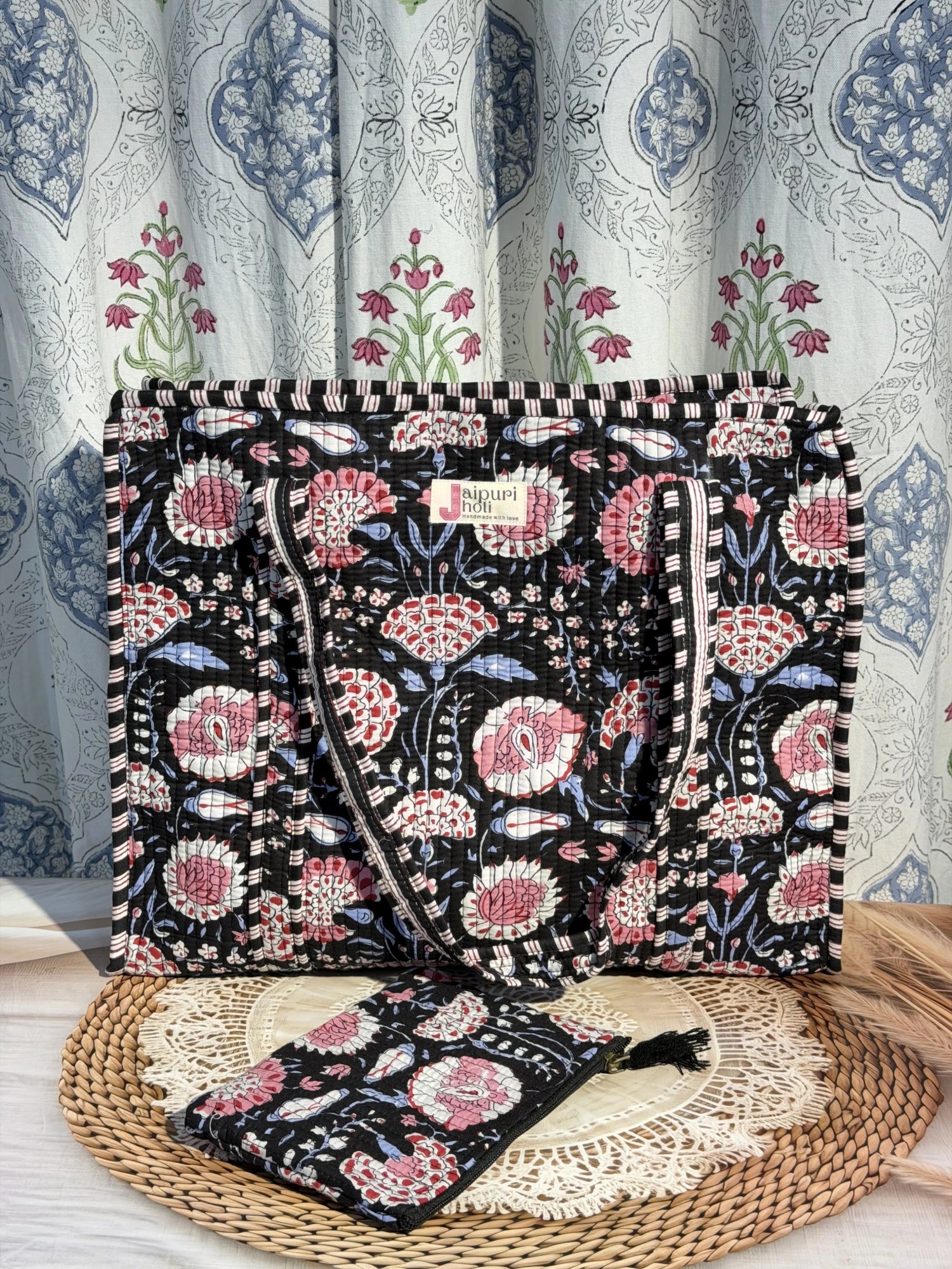 Jaipur block print cotton quilted large tote bag with matching flat pouch, black and pink floral print, 18×18×6 inch tote with 9×7 inch flat pouch for cosmetics, stationery and small essentials interior view