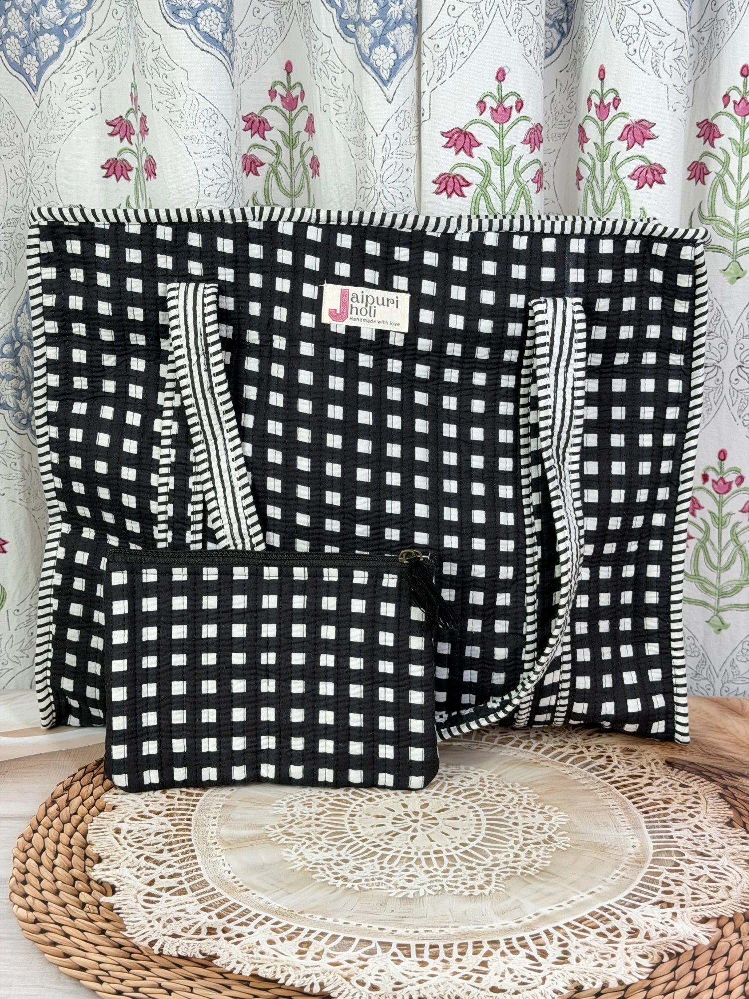 Jaipur block print cotton quilted large tote bag with matching flat pouch, black and white geometric check print, 18×18×6 inch tote with 9×7 inch flat pouch for documents, stationery and small essentials front view