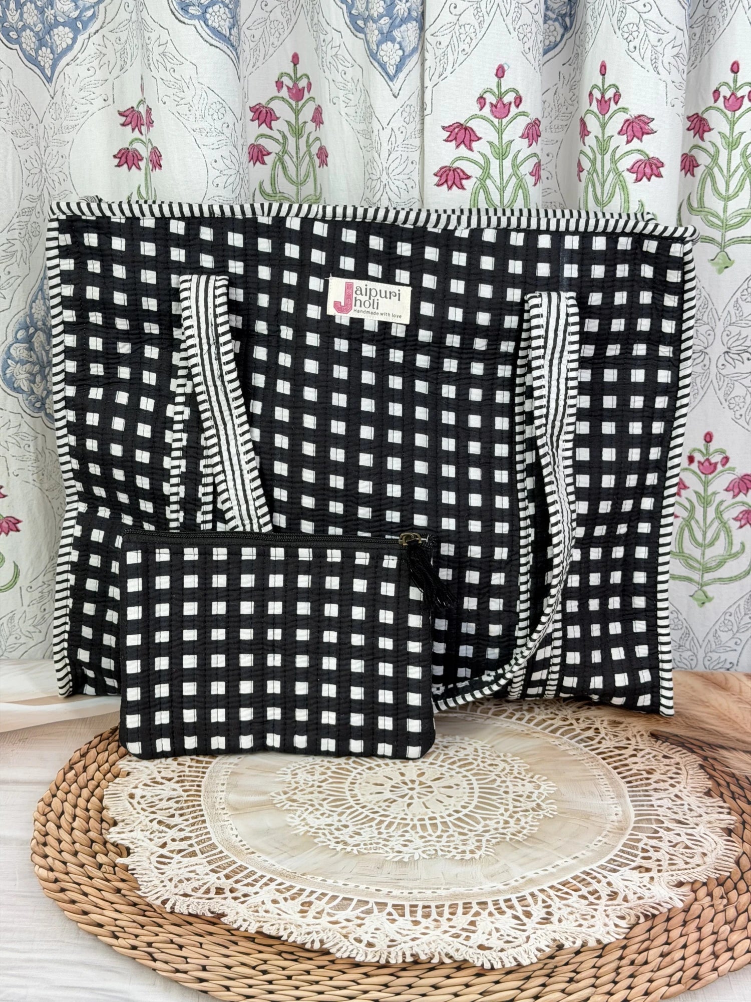 Jaipur block print cotton quilted large tote bag with matching flat pouch, black and white geometric check print, 18×18×6 inch tote with 9×7 inch flat pouch for documents, stationery and small essentials side view