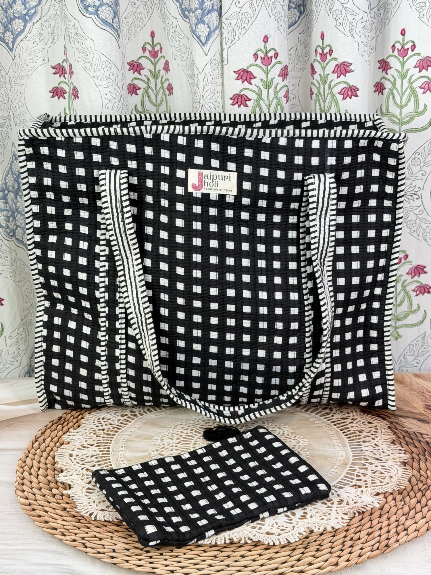 Jaipur block print cotton quilted large tote bag with matching flat pouch, black and white geometric check print, 18×18×6 inch tote with 9×7 inch flat pouch for documents, stationery and small essentials back view
