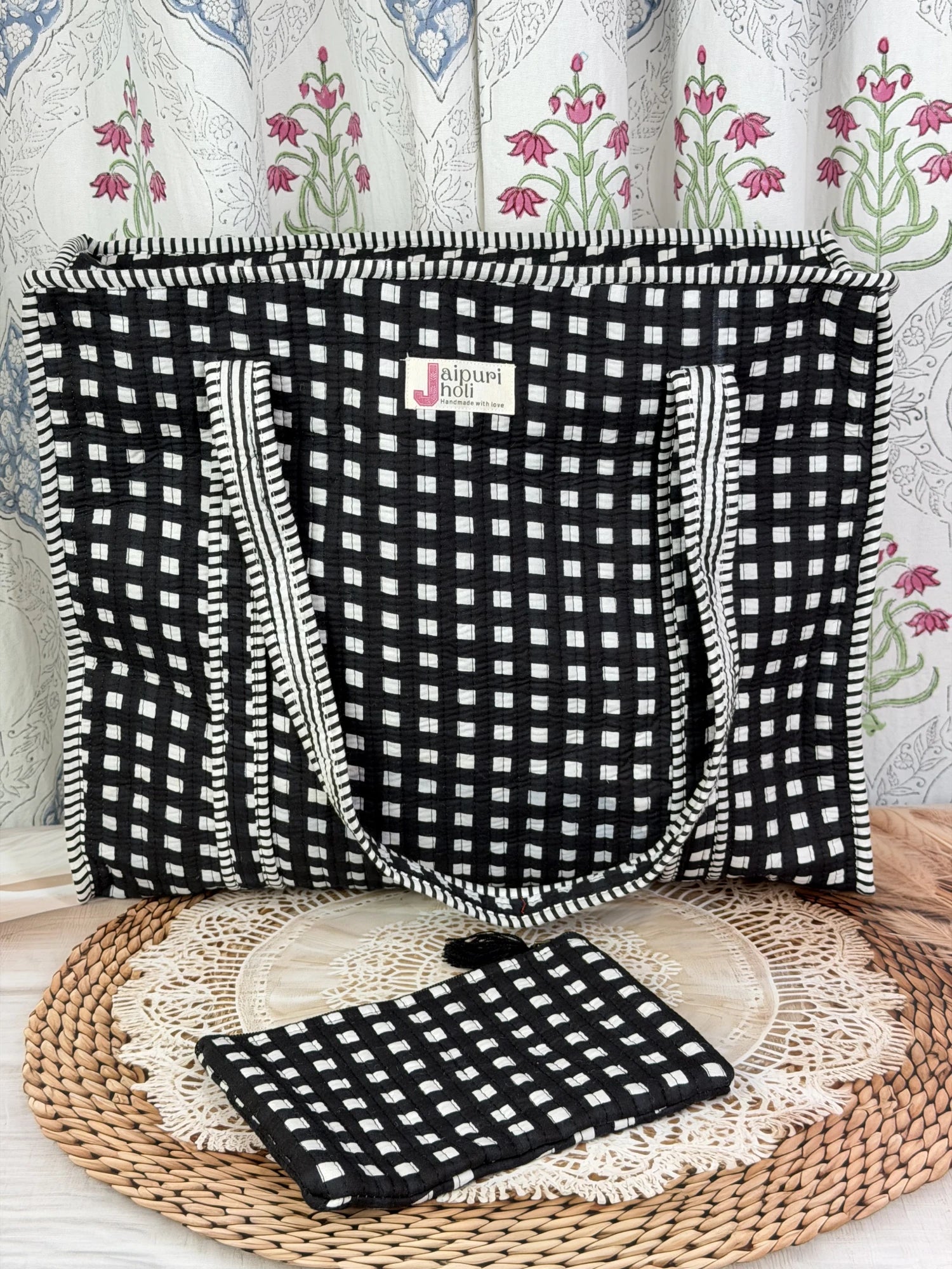 Jaipur block print cotton quilted large tote bag with matching flat pouch, black and white geometric check print, 18×18×6 inch tote with 9×7 inch flat pouch for documents, stationery and small essentials interior view