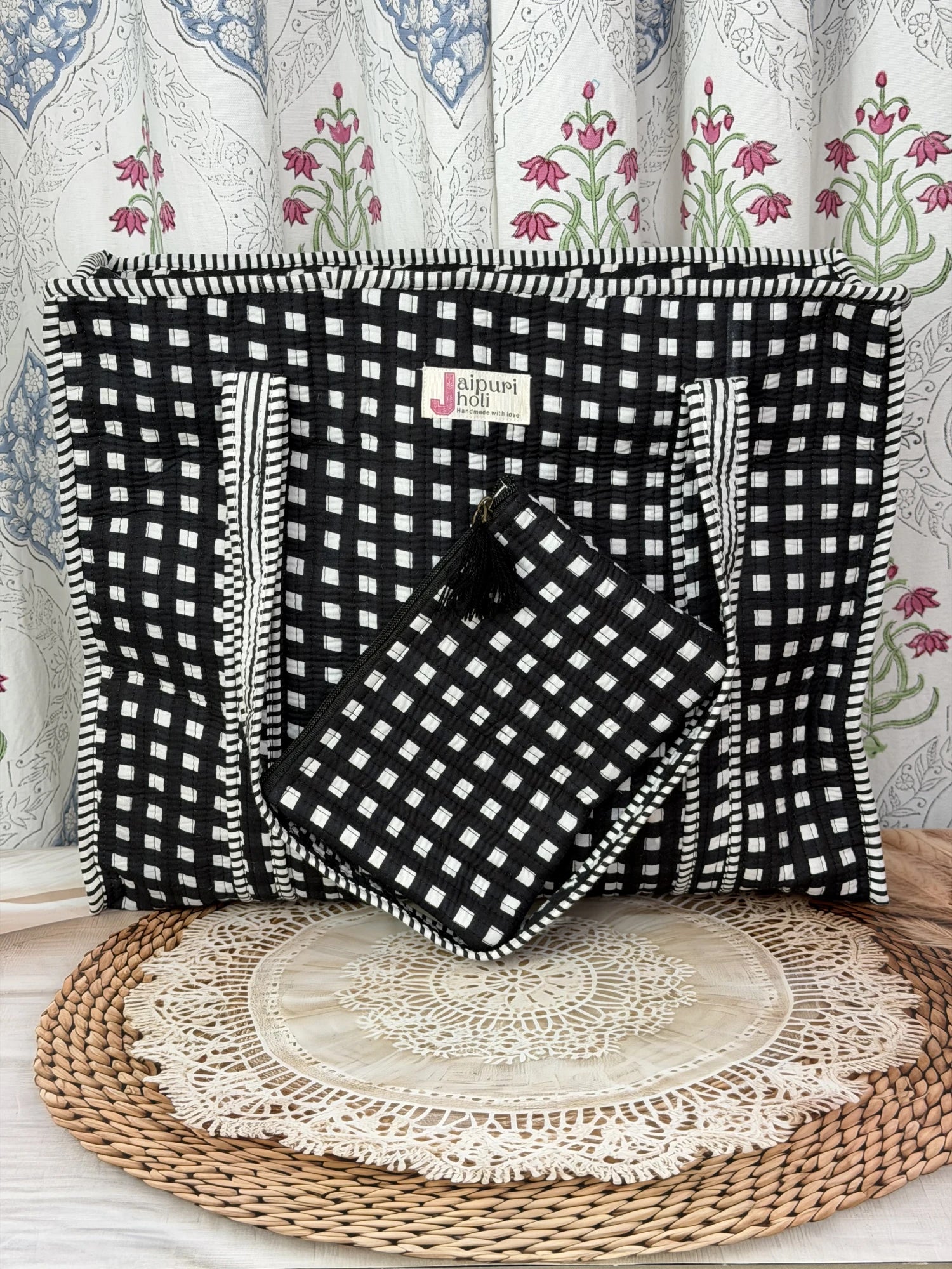 Jaipur block print cotton quilted large tote bag with matching flat pouch, black and white geometric check print, 18×18×6 inch tote with 9×7 inch flat pouch for documents, stationery and small essentials close-up view