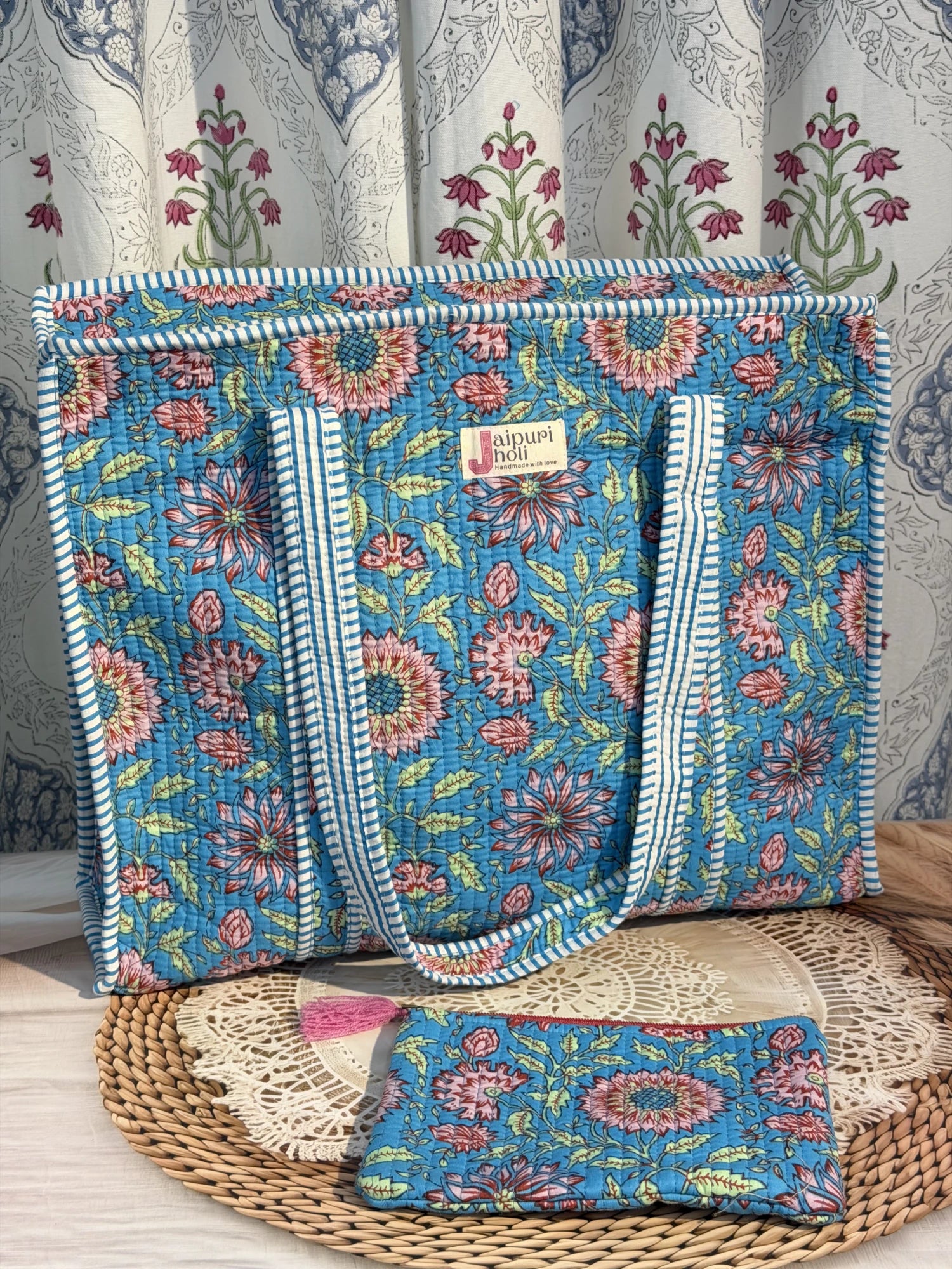 Jaipur block print cotton quilted large tote bag with matching flat pouch, blue floral print, 18×18×6 inch tote with 9×7 inch flat pouch for documents, cosmetics and travel essentials front view