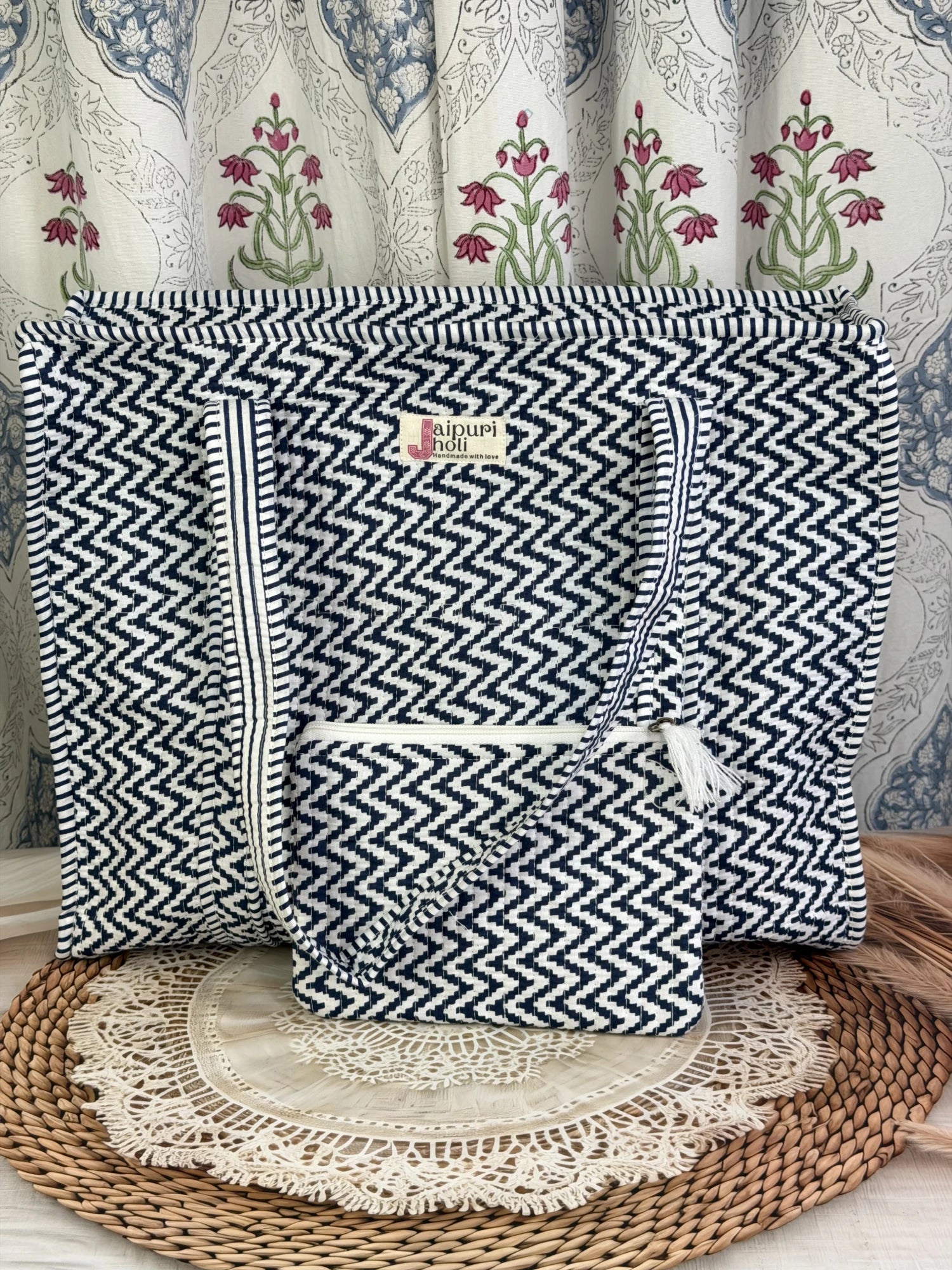 Jaipur block print cotton quilted large tote bag with matching flat pouch, blue and white geometric zigzag print, 18×18×6 inch tote with 9×7 inch flat pouch for documents, chargers and travel essentials front view