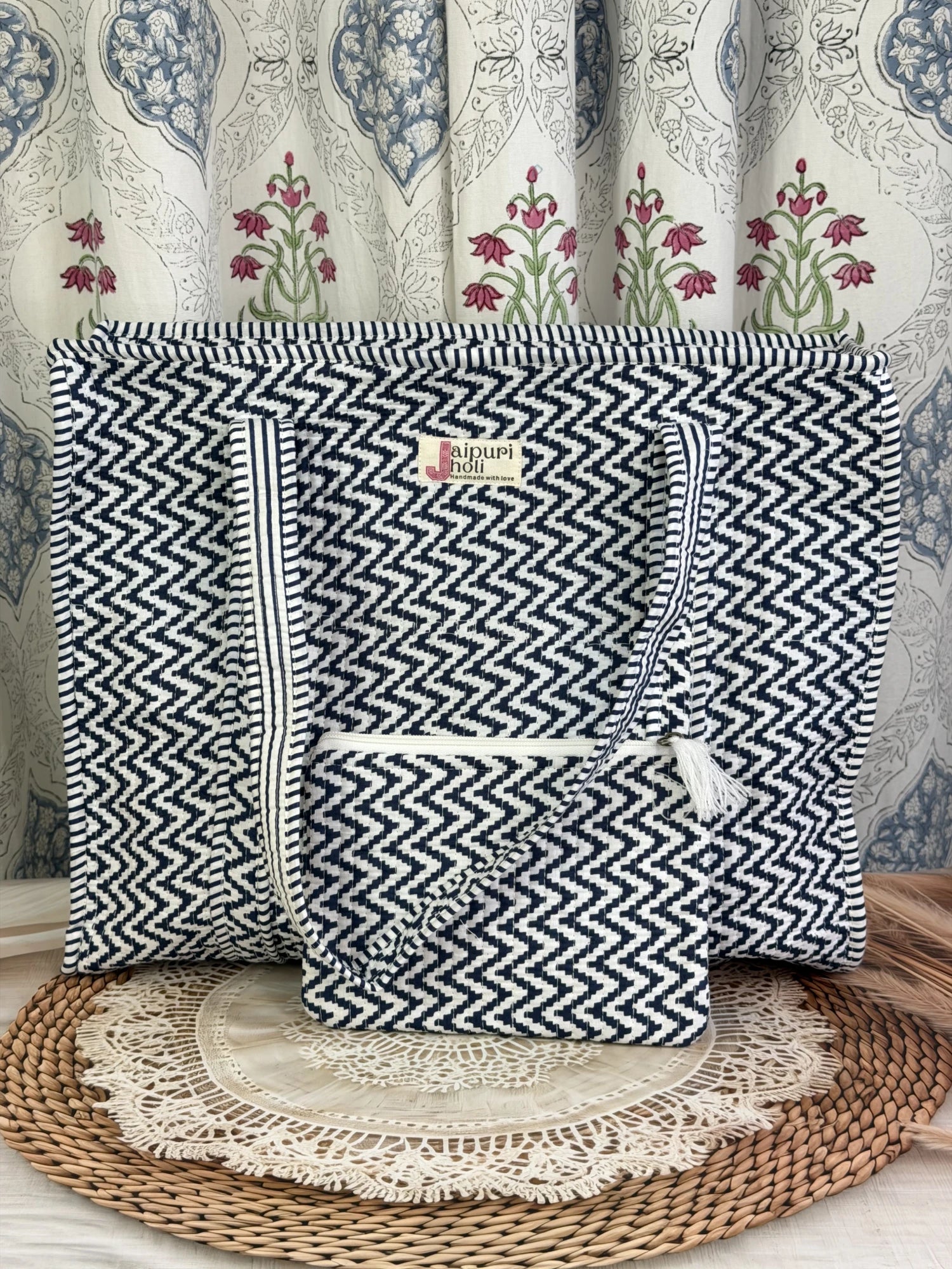 Jaipur block print cotton quilted large tote bag with matching flat pouch, blue and white geometric zigzag print, 18×18×6 inch tote with 9×7 inch flat pouch for documents, chargers and travel essentials side view