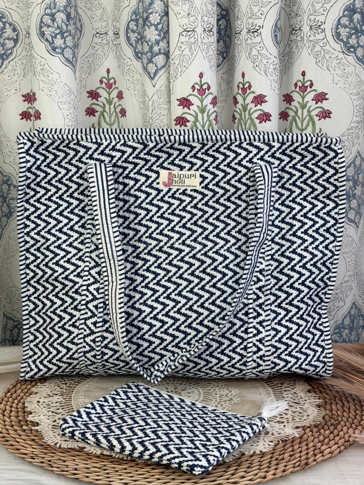 Jaipur block print cotton quilted large tote bag with matching flat pouch, blue and white geometric zigzag print, 18×18×6 inch tote with 9×7 inch flat pouch for documents, chargers and travel essentials interior view