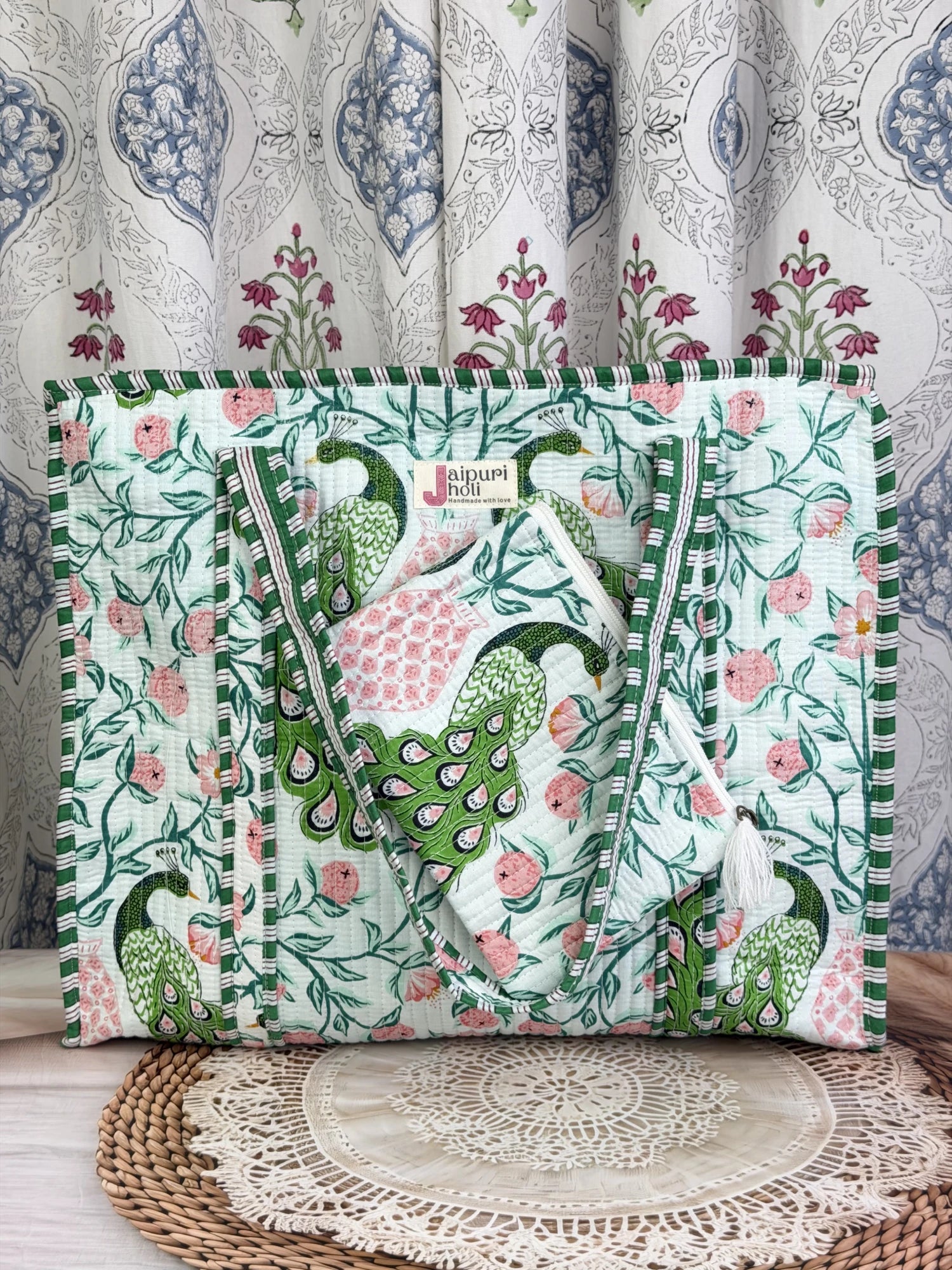 Jaipur block print cotton quilted large tote bag with matching flat pouch, green and pink peacock print, 18×18×6 inch tote with 9×7 inch flat pouch for documents, cosmetics and everyday essentials side view