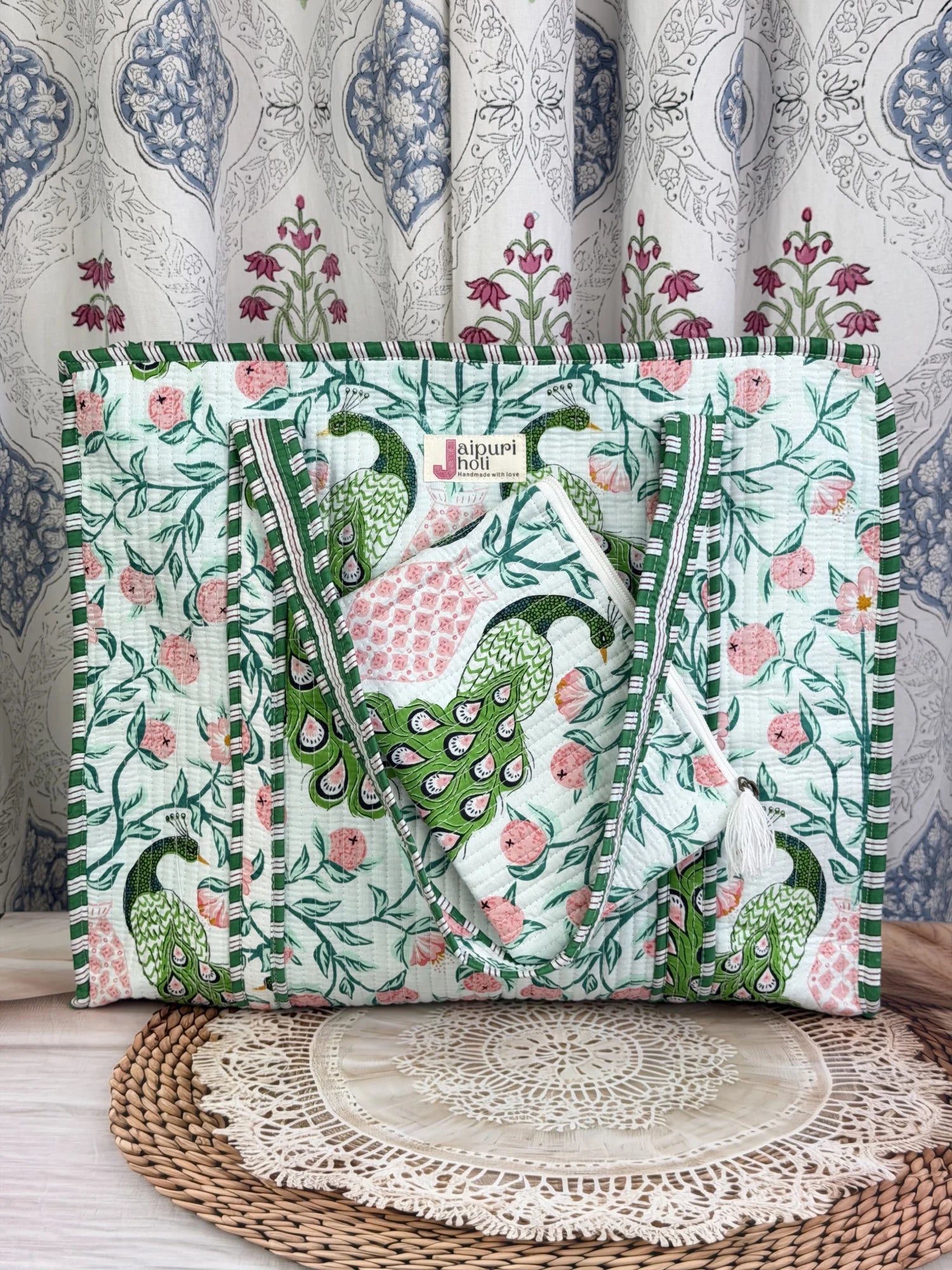 Jaipur block print cotton quilted large tote bag with matching flat pouch, green and pink peacock print, 18×18×6 inch tote with 9×7 inch flat pouch for documents, cosmetics and everyday essentials back view