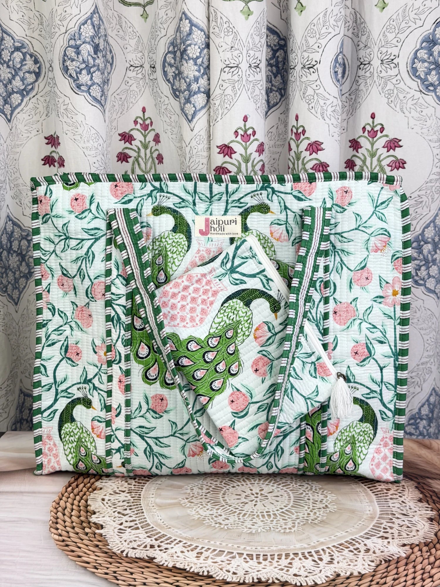 Jaipur block print cotton quilted large tote bag with matching flat pouch, green and pink peacock print, 18×18×6 inch tote with 9×7 inch flat pouch for documents, cosmetics and everyday essentials interior view