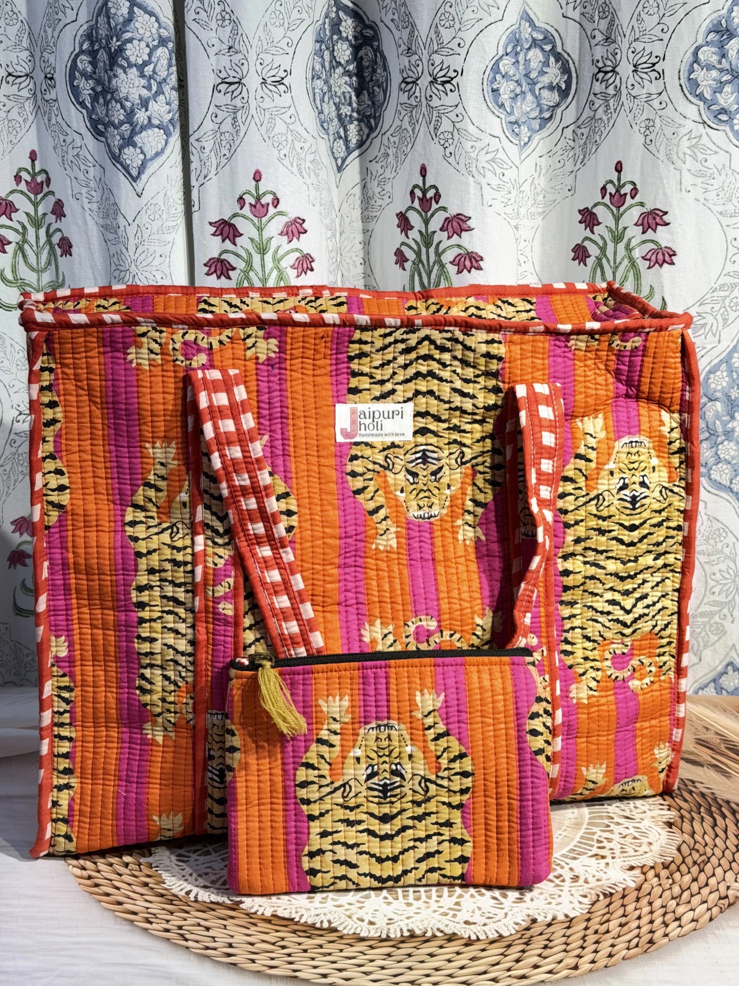Jaipur block print cotton quilted large tote bag with matching flat pouch, orange and pink tiger animal print, 18×18×6 inch tote with 9×7 inch flat pouch for stationery, chargers and travel essentials front view