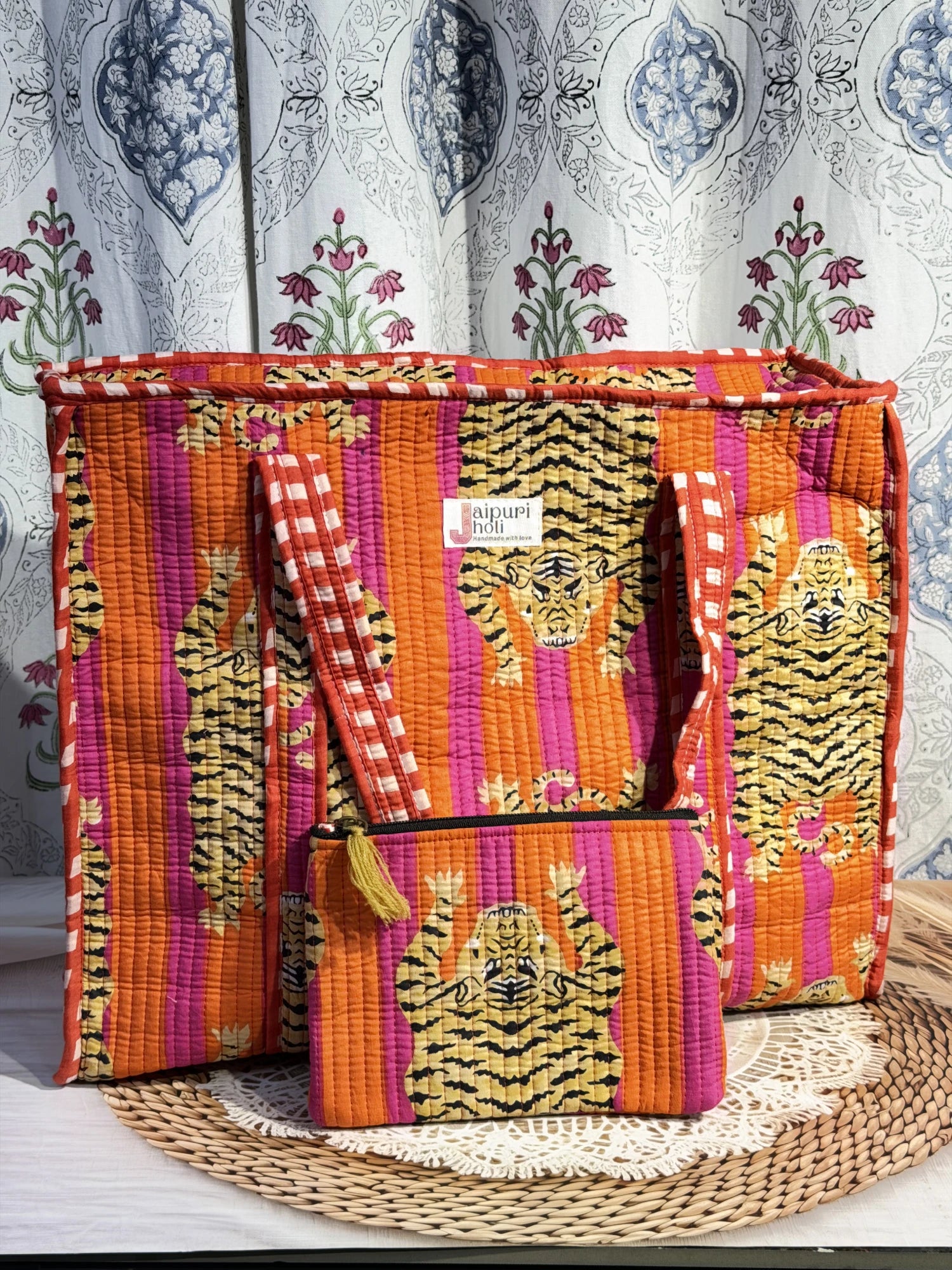 Jaipur block print cotton quilted large tote bag with matching flat pouch, orange and pink tiger animal print, 18×18×6 inch tote with 9×7 inch flat pouch for stationery, chargers and travel essentials interior view