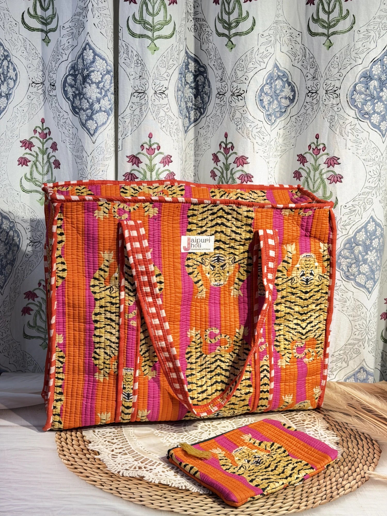 Jaipur block print cotton quilted large tote bag with matching flat pouch, orange and pink tiger animal print, 18×18×6 inch tote with 9×7 inch flat pouch for stationery, chargers and travel essentials  back view