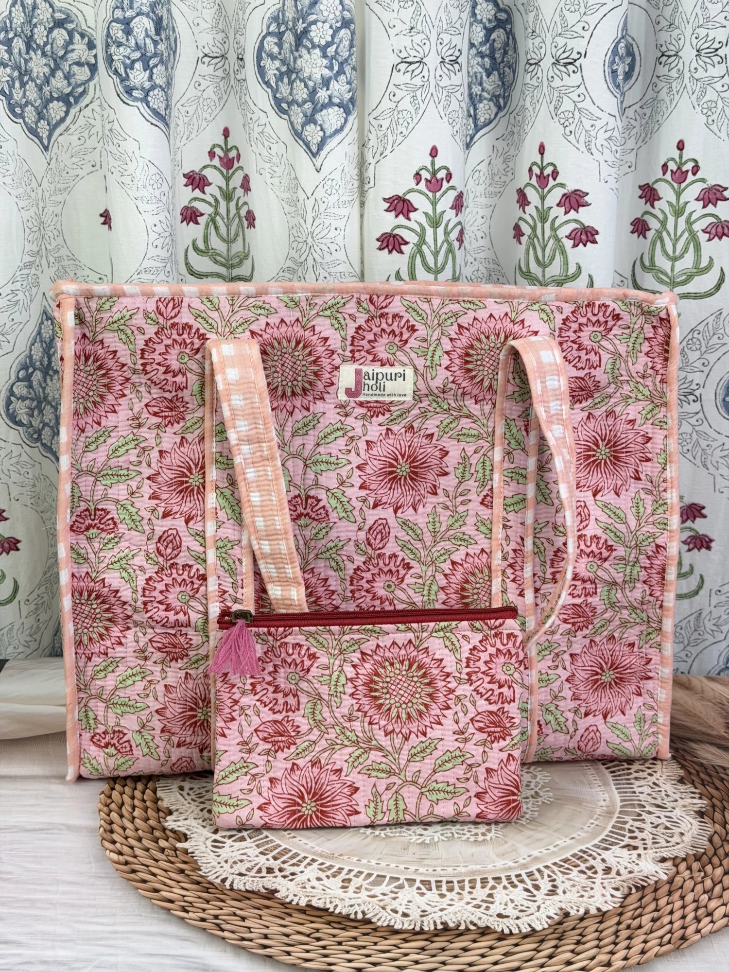 Jaipur block print cotton quilted large tote bag with matching flat pouch, peach and pink floral print, 18×18×6 inch tote with 9×7 inch flat pouch for cosmetics, documents and small essentials back view