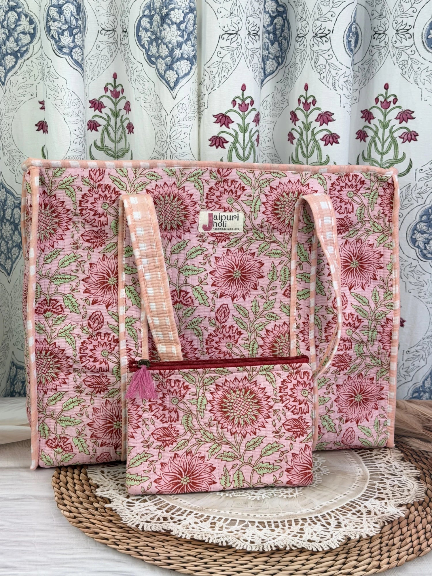 Jaipur block print cotton quilted large tote bag with matching flat pouch, peach and pink floral print, 18×18×6 inch tote with 9×7 inch flat pouch for cosmetics, documents and small essentials interior view