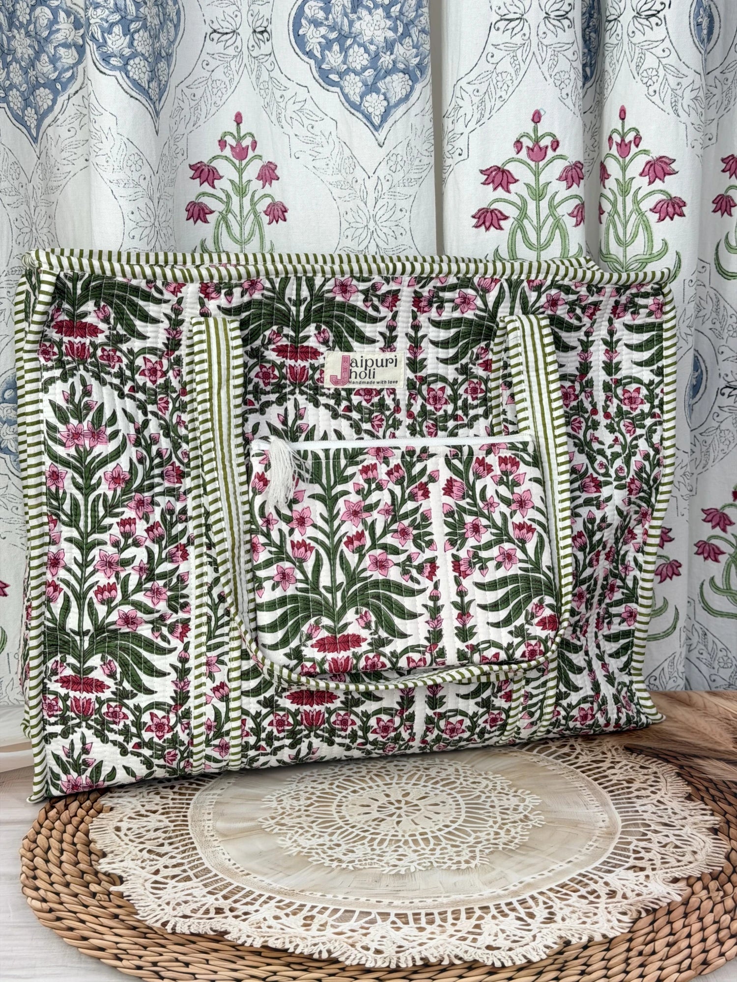 Jaipur block print cotton quilted large tote bag with matching flat pouch, pink floral and green leaf print, 18×18×6 inch tote with 9×7 inch flat pouch for documents, chargers and everyday essentials front view