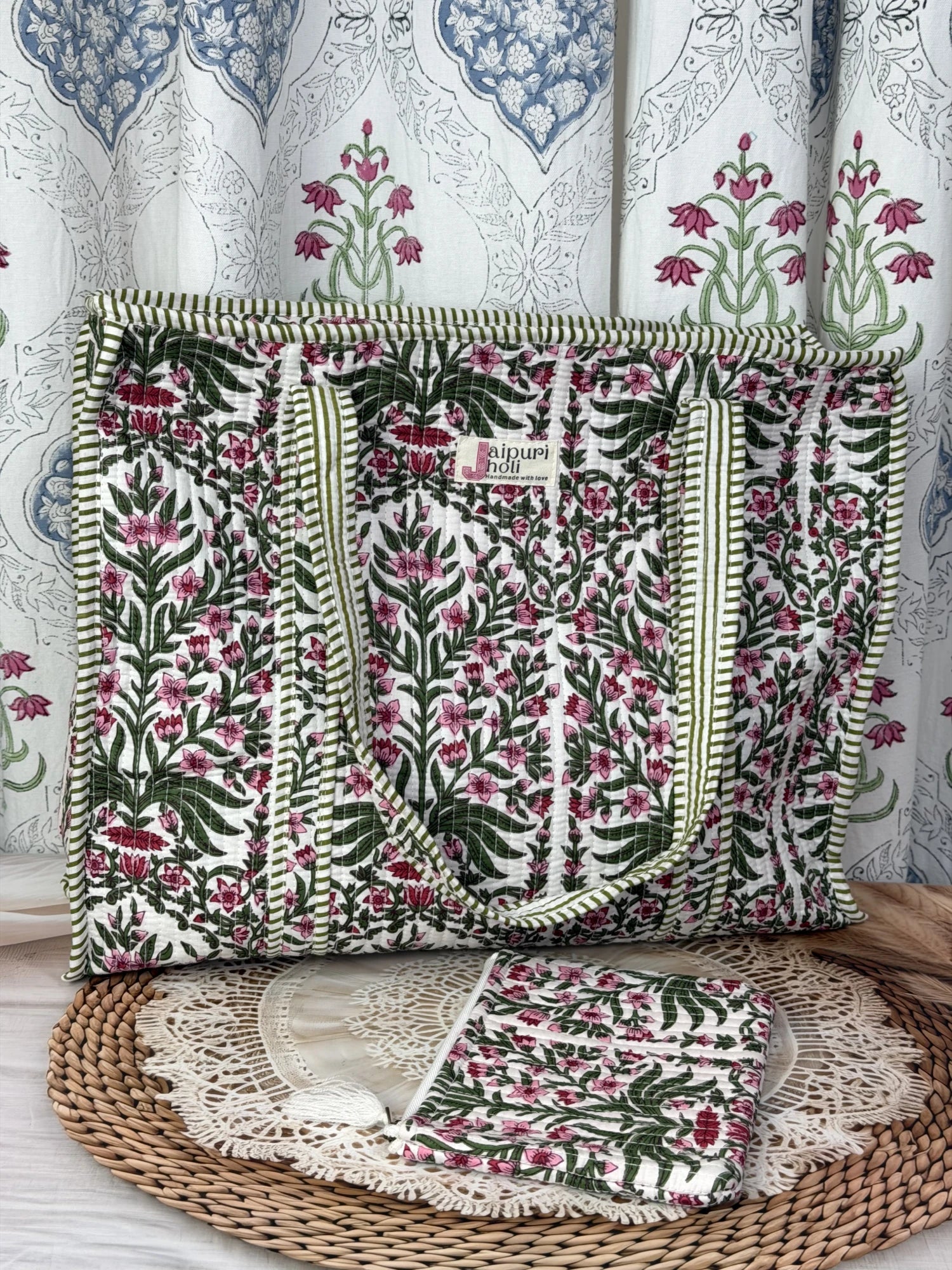 Jaipur block print cotton quilted large tote bag with matching flat pouch, pink floral and green leaf print, 18×18×6 inch tote with 9×7 inch flat pouch for documents, chargers and everyday essentials back view