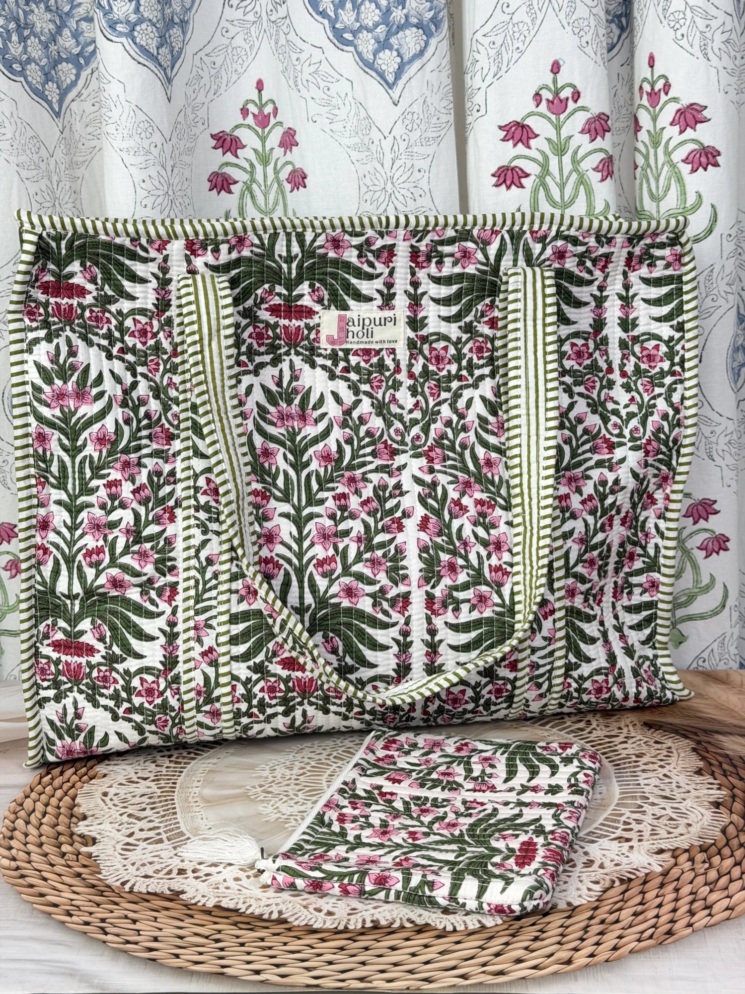 Jaipur block print cotton quilted large tote bag with matching flat pouch, pink floral and green leaf print, 18×18×6 inch tote with 9×7 inch flat pouch for documents, chargers and everyday essentials side view