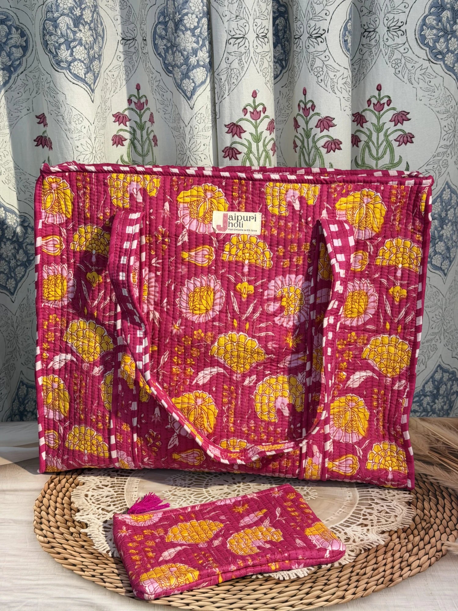 Jaipur block print cotton quilted large tote bag with matching flat pouch, pink floral print, 18×18×6 inch tote with 9×7 inch flat pouch for stationery, cosmetics and travel essentials front view