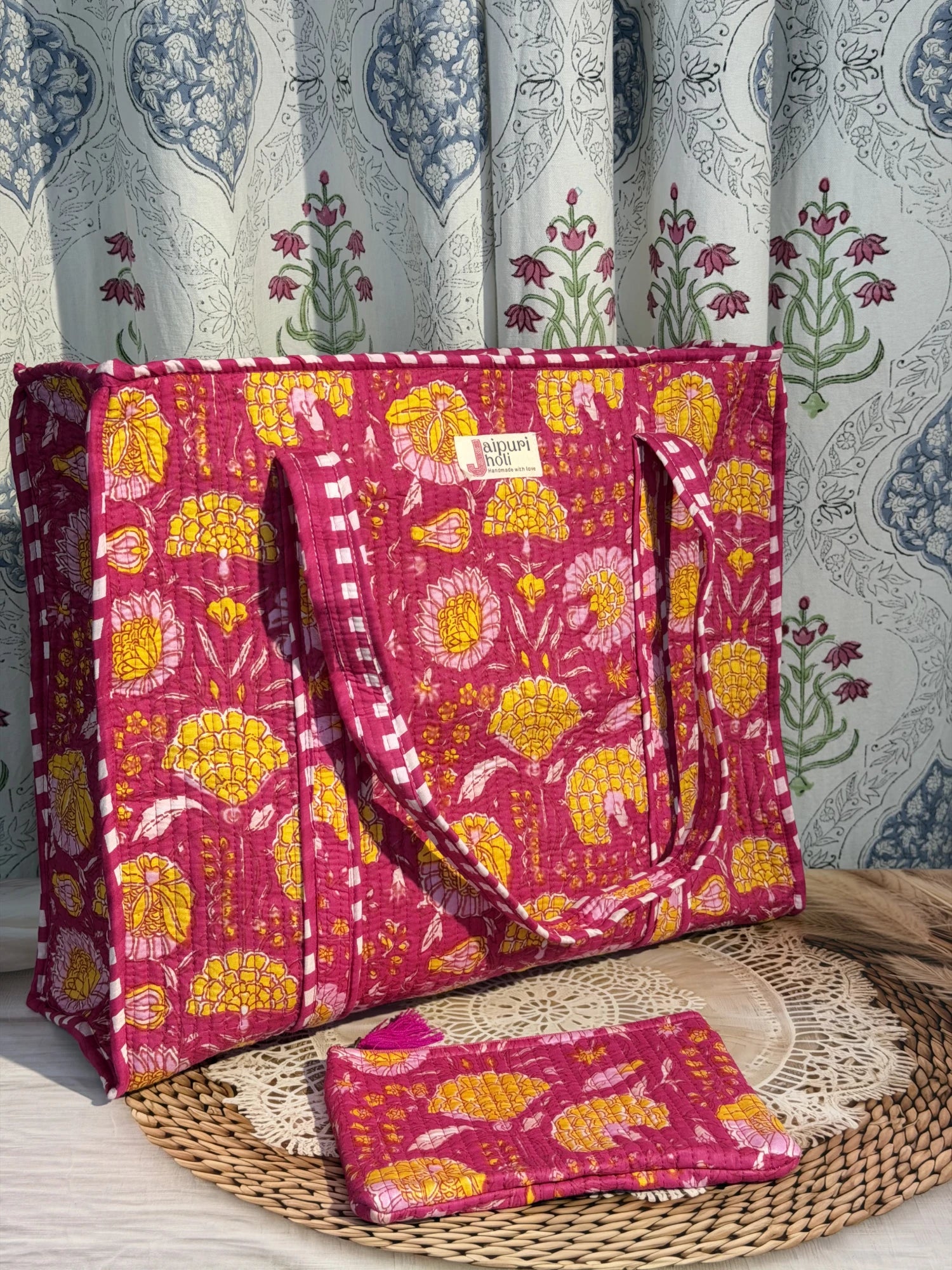 Jaipur block print cotton quilted large tote bag with matching flat pouch, pink floral print, 18×18×6 inch tote with 9×7 inch flat pouch for stationery, cosmetics and travel essentials side view