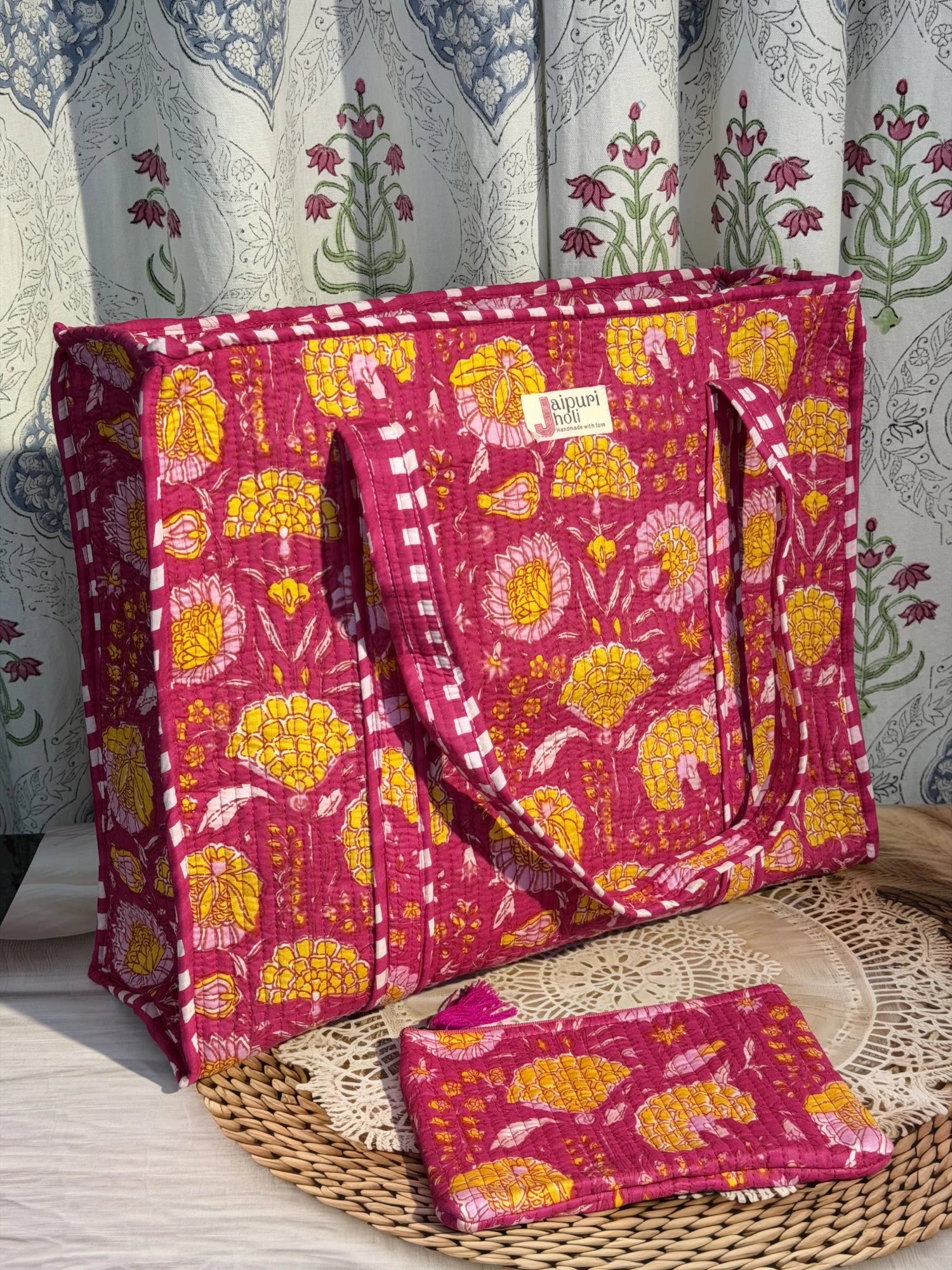 Jaipur block print cotton quilted large tote bag with matching flat pouch, pink floral print, 18×18×6 inch tote with 9×7 inch flat pouch for stationery, cosmetics and travel essentials back view