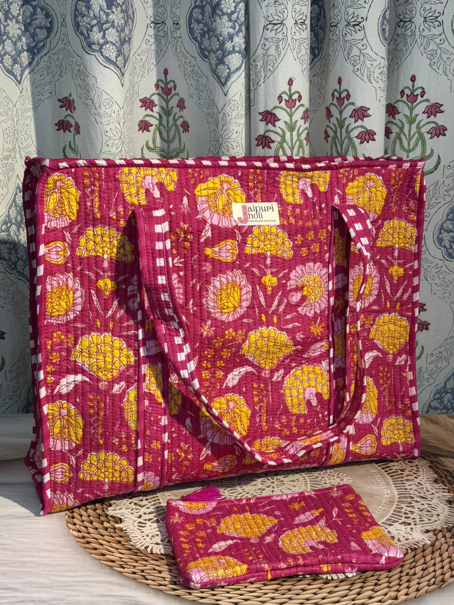 Jaipur block print cotton quilted large tote bag with matching flat pouch, pink floral print, 18×18×6 inch tote with 9×7 inch flat pouch for stationery, cosmetics and travel essentials interior view