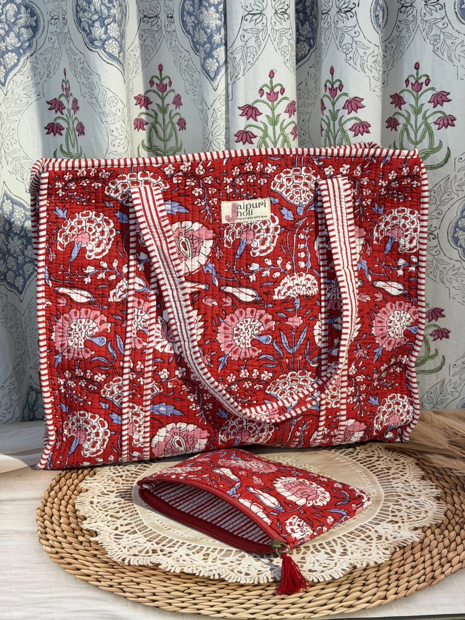 Jaipur block print cotton quilted large tote bag with matching flat pouch, red floral print, 18×18×6 inch tote with 9×7 inch flat pouch for cosmetics, stationery and small essentials front view